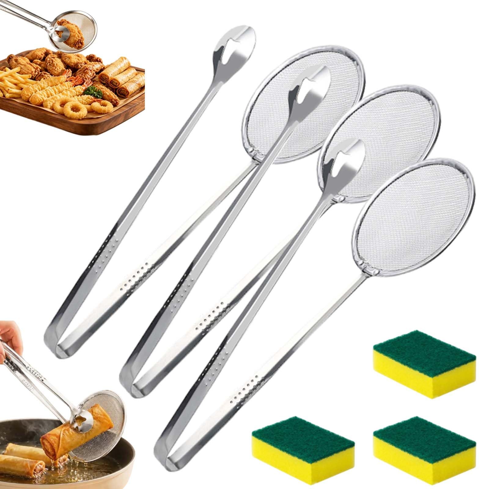 2-in-1 Oil-Frying Filter Clip, 2-in-1 Stainless Steel Fryingfilter Tongs, Kitchen Food Strainer Tongs for Fried Food, Deep‑Frying Food & Oil Filtering，3pcs
