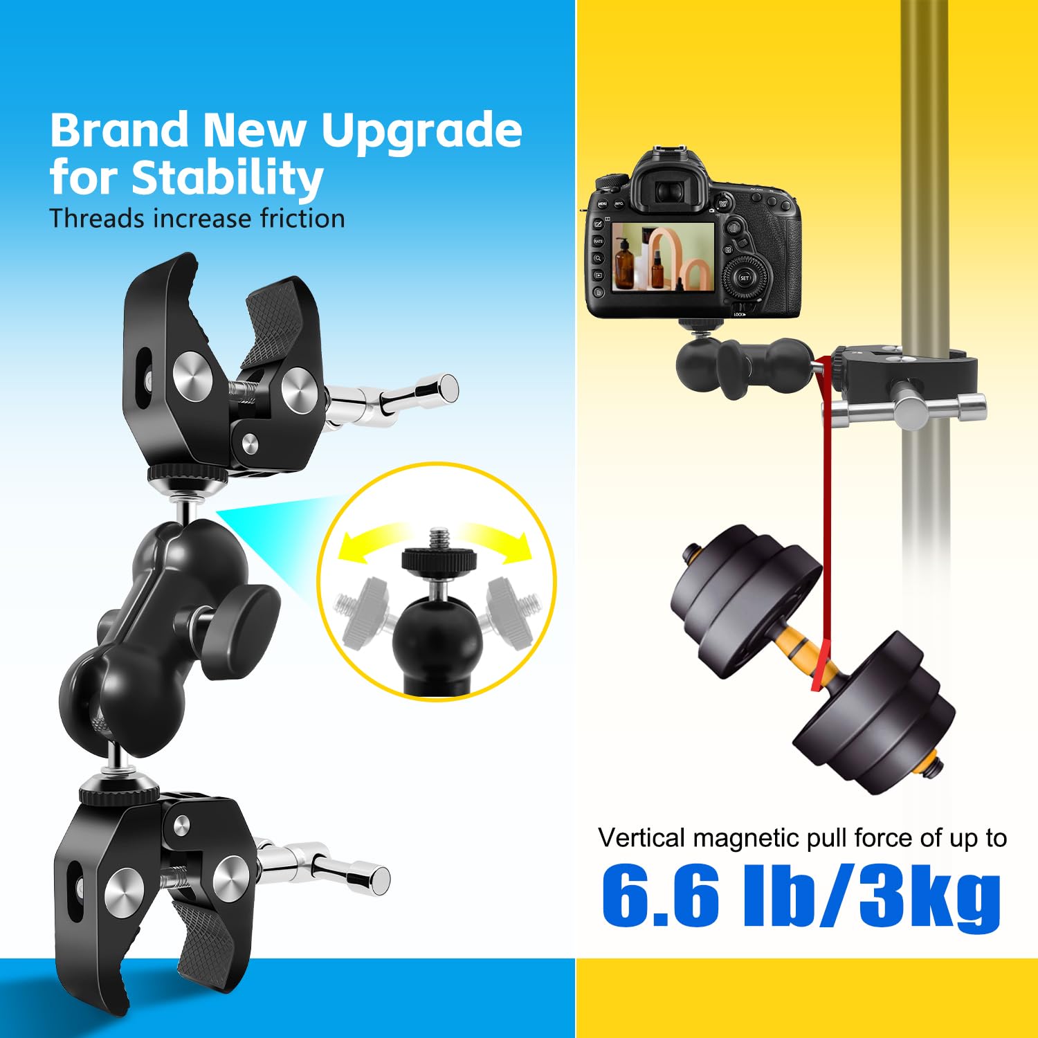 Double Super Pince avec Bras Magique ,1/4” pour Caméra, Support Lumière, Réflecteur, Support Parapluie, Convient aux Poteaux 0.47”-2.17”, Moto, Bureau, Trépied, Studio(Max Load 6.61LB)
