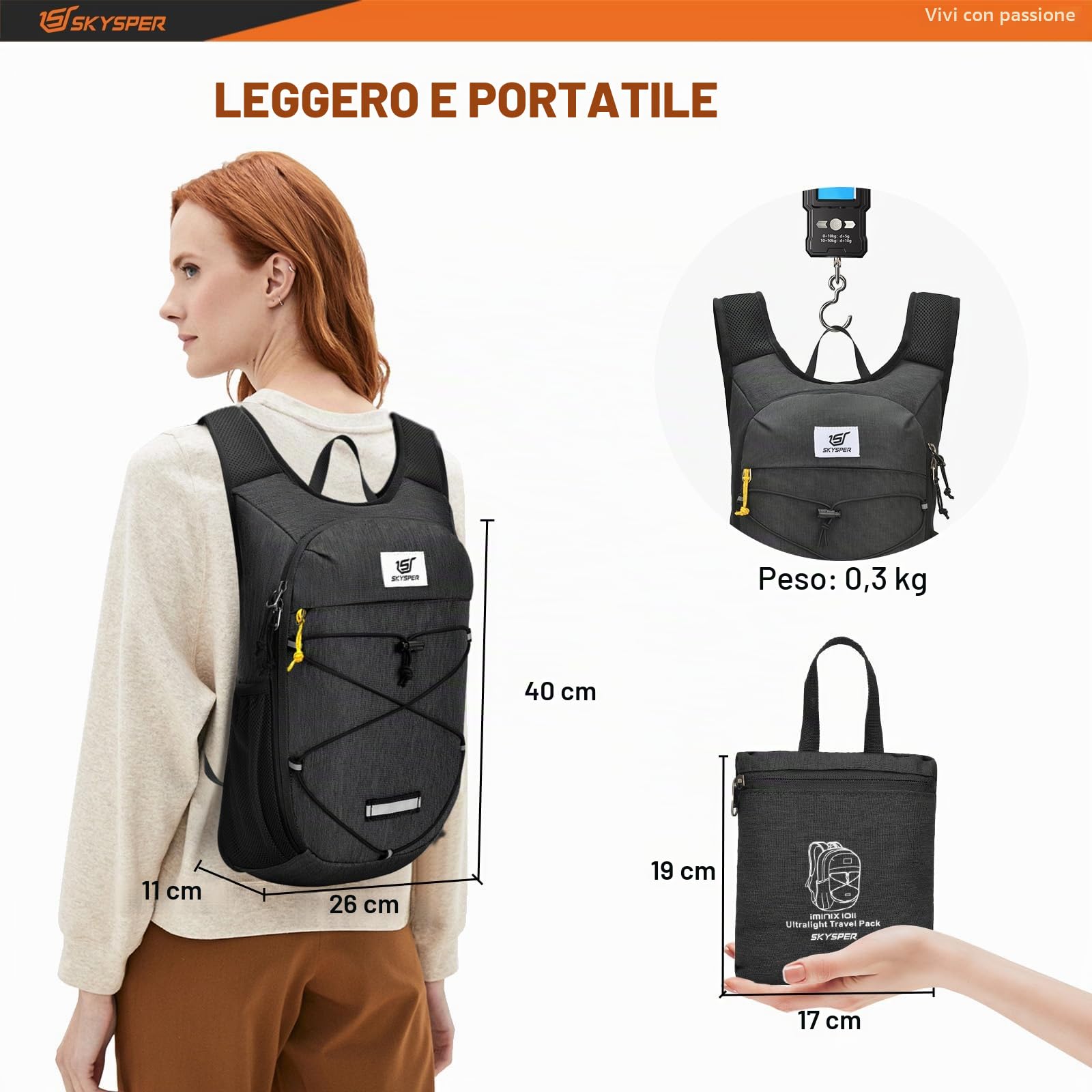 SKYSPER Zaino Trekking 10L, Zaino Ultraleggero Pieghevole Piccolo Zaino per Uomo Donna Zaino da Trekking per Viaggio Escursoione Gita Bici