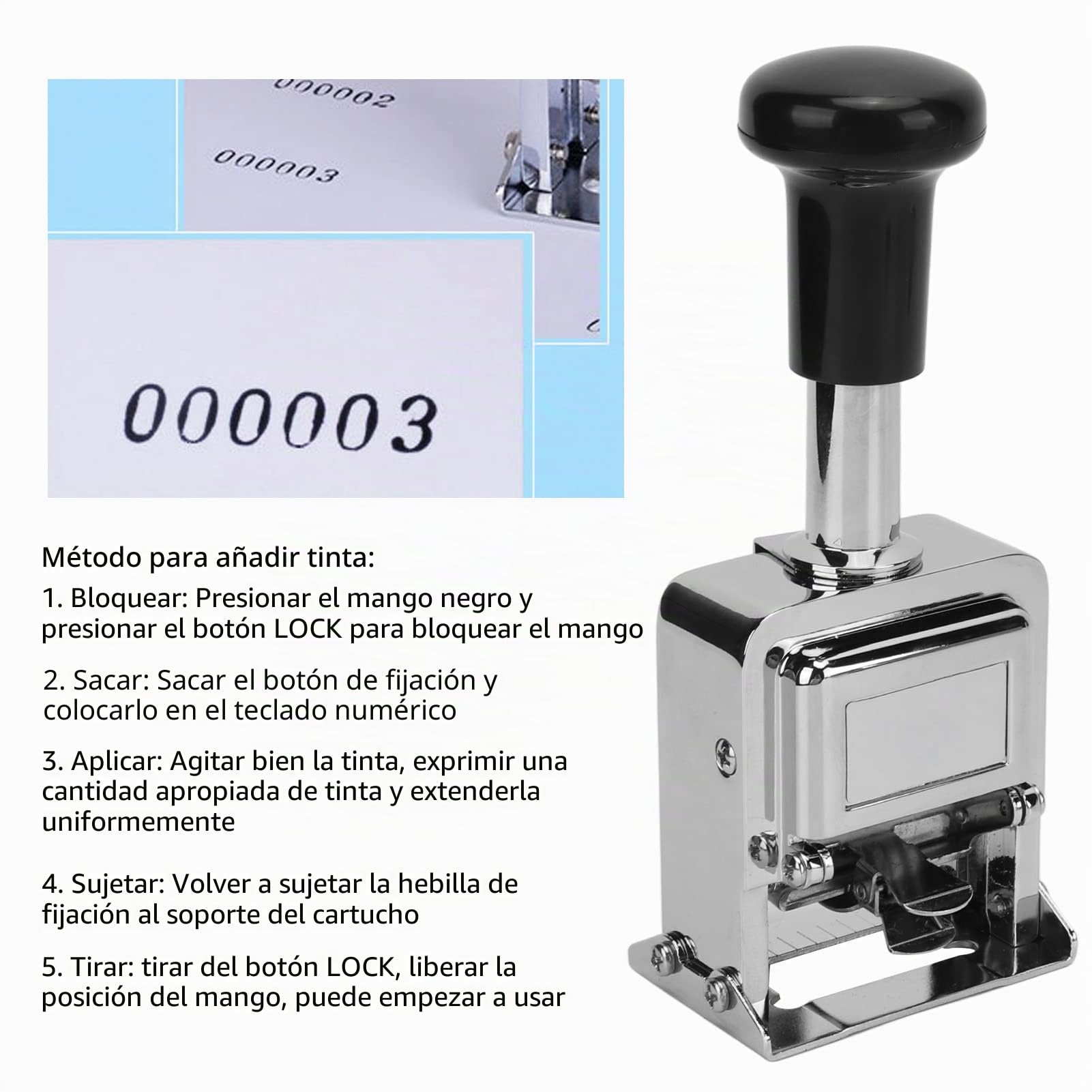 Sello de Número Autoentintado, Numerador de Salto Automático de 5 Dígitos, Máquina de Numeración Profesional de Aleación de Zinc con Tinta para Números de Identificación de Documentos