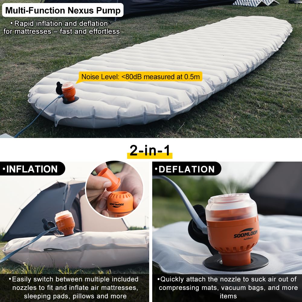 Soomloom Nexus Pompe à air micro électrique Gonfleur/dégonfleur ultra-compacte de type C pour matelas de camping et équipement d'extérieur