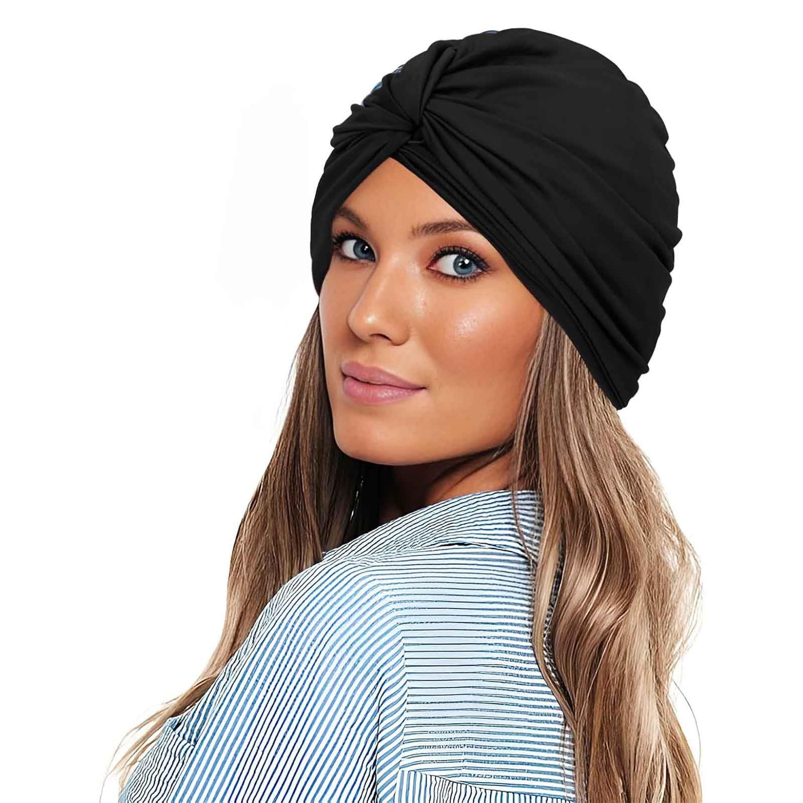 Women Ladies Swimming Cap Elastic Ear Protection Swim Cap Pool Surfing Bathing Shower Cap Water Sports Hat Sleep Cap Fabric Knotted Turban Hat Non-Waterproof Swim Cap for Long Short Hair - Image 3