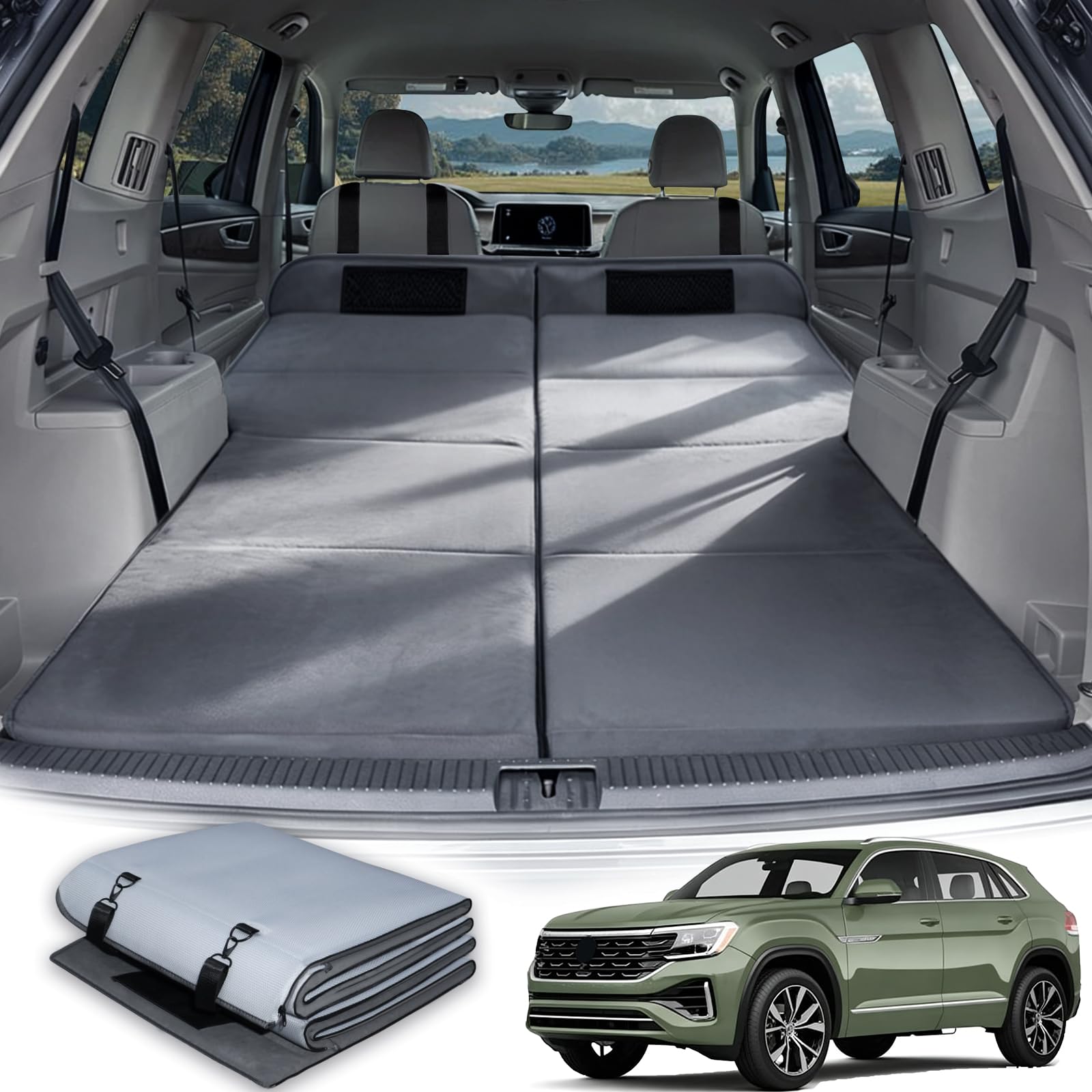 Car Bed for Volkswagen Atlas, Foldable Non Inflatable Soft Foam Camping Mattress, Thickened Portable SUV Trunk Sleeping Pad, Air Mattress Upgrade for Family Camping Essentials, Gifts for Car Guys