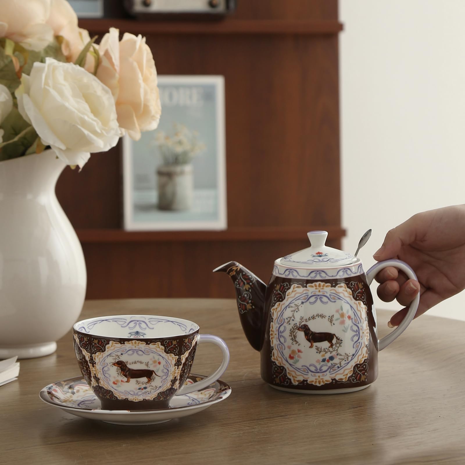 London Pottery Set di teiera, teiera e servizio per uno, in porcellana fine, con motivo animalier, tazza e piattino (cane)