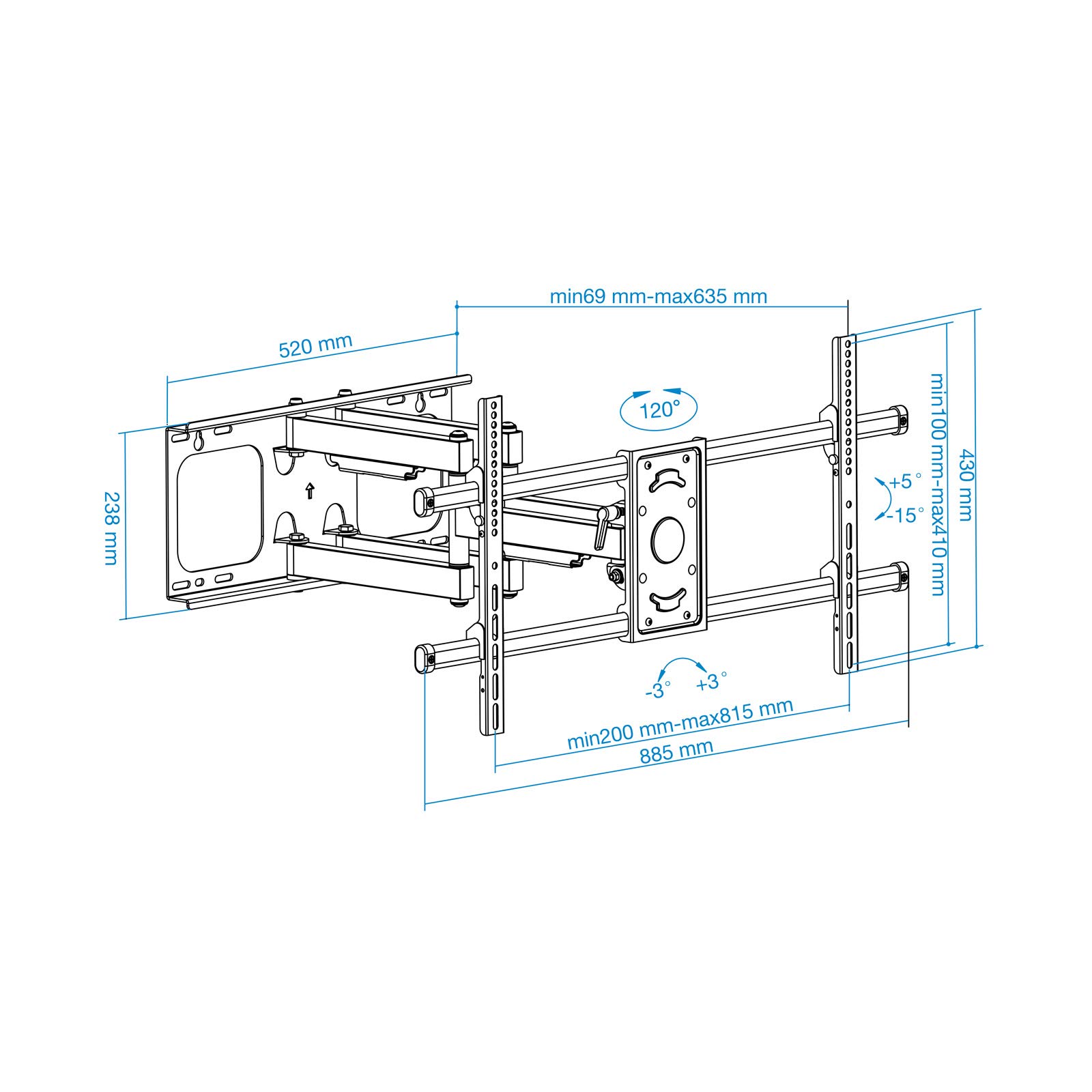 Tooq LP3790TN-B - Soporte de Pared para Pantallas 43" - 90", Máximo 75 kg, Extensible, Inclinable, Color Negro