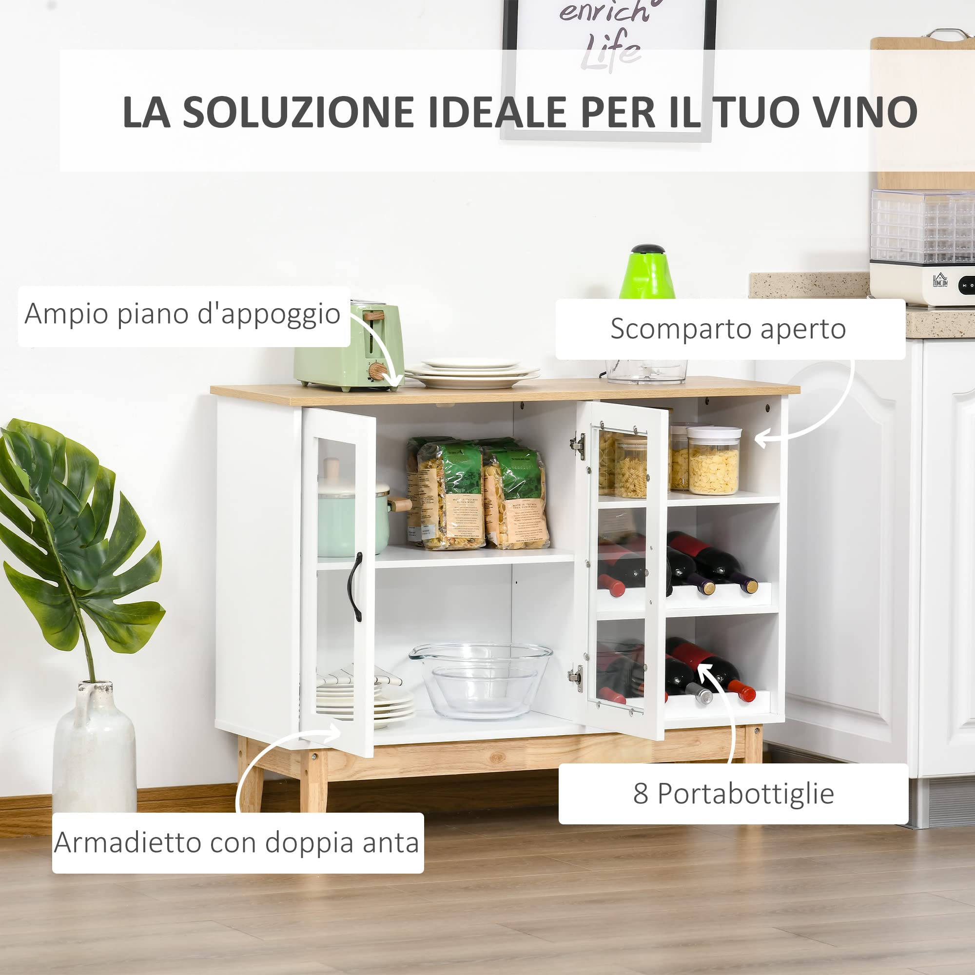 HOMCOM Credenza Moderna con Armadietto, 3 Ripiani Laterali in Legno Massiccio con Cantinetta Portabottiglie, Salvaspazio, 103x34x80cm Bianco