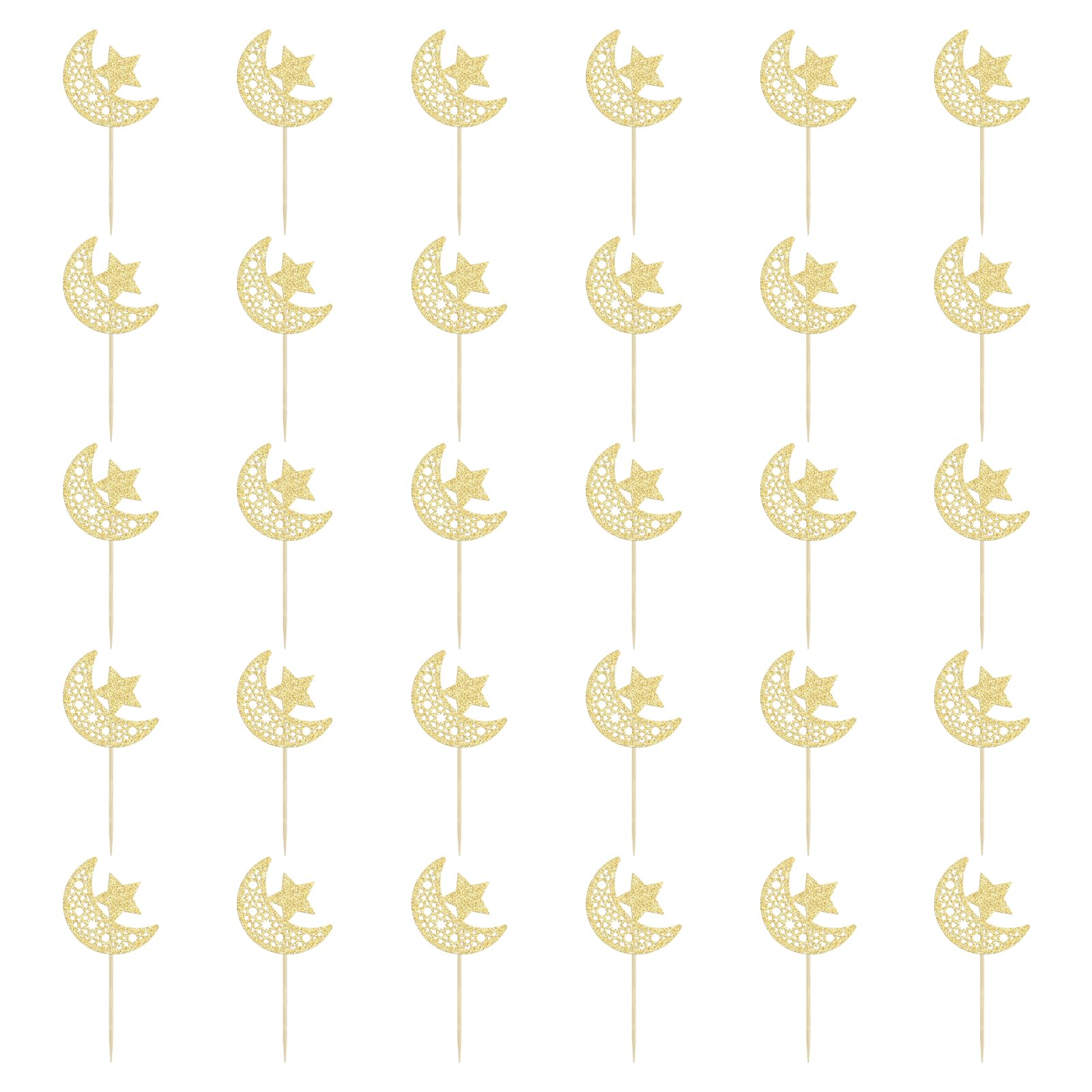 hogtnd Pack of 30 Cake Toppers with Cultural Theme for Eid Celebration with Moons and Stars Designs Cake Decorations, Eid Party Decorations