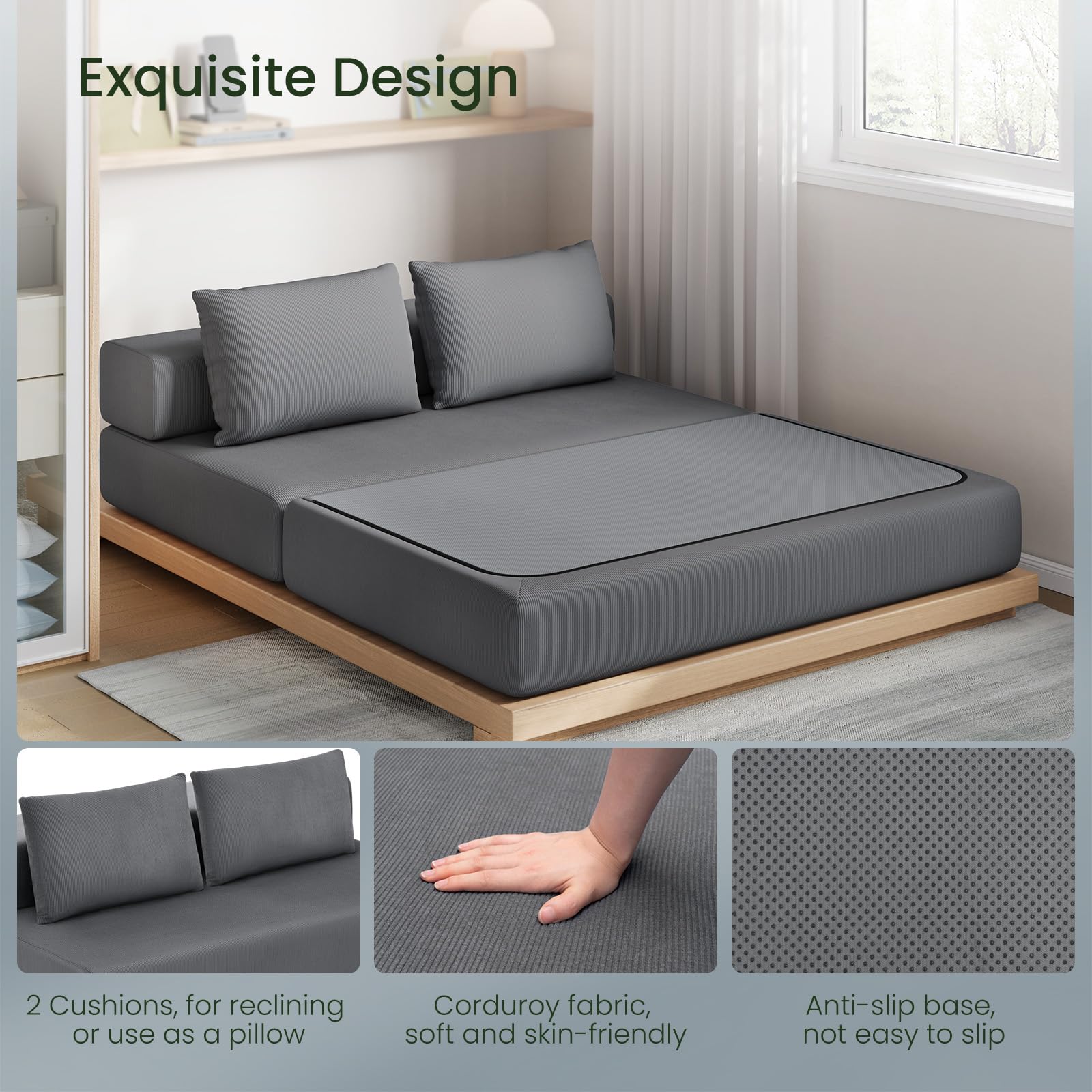 EUGAD Canapé Convertible 2 Places, Canapé Lit, Chauffeuse, Gris Foncé | Design Pliable, avec 2 Coussins, en Velours Côtelé, Mousse, pour Salon, Bureau, Appartement, 86P x 140l x 62H cm