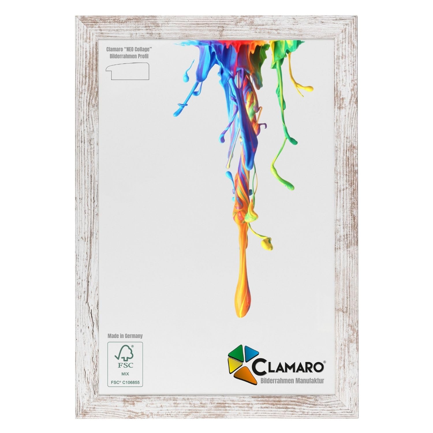 CLAMARO Neo Collage Picture Frame 80 x 100 cm Handmade Made to Measure Vintage White MDF Wood Design Wooden Picture Frame with Acrylic Glass and Metal Hanger Landscape and Portrait Format
