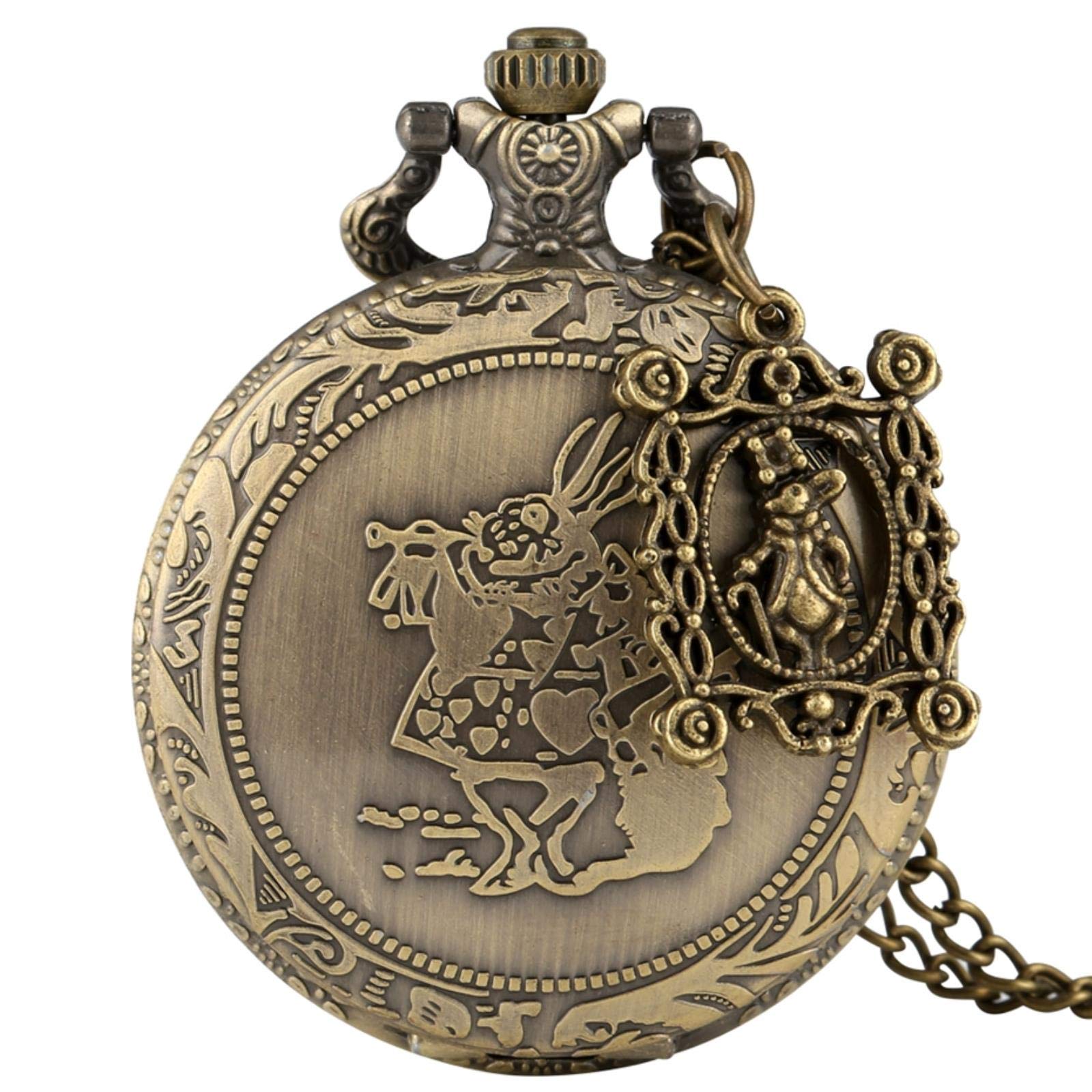 RUVANE Taschenuhr-Halskette, Bronze, Alice im Wunderland, süßer Hase, Quarz-Taschenuhr, Anhänger, Halskette, Kette, Uhr mit Karussell-Zubehör, mit Krückenhase Star of Light