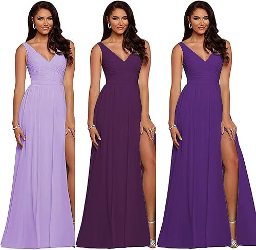 Miniatura 4 de Vestido de dama de honor con cuello en V doble para mujer, largo acampanado con abertura, vestido de novia formal de graduación, M002
