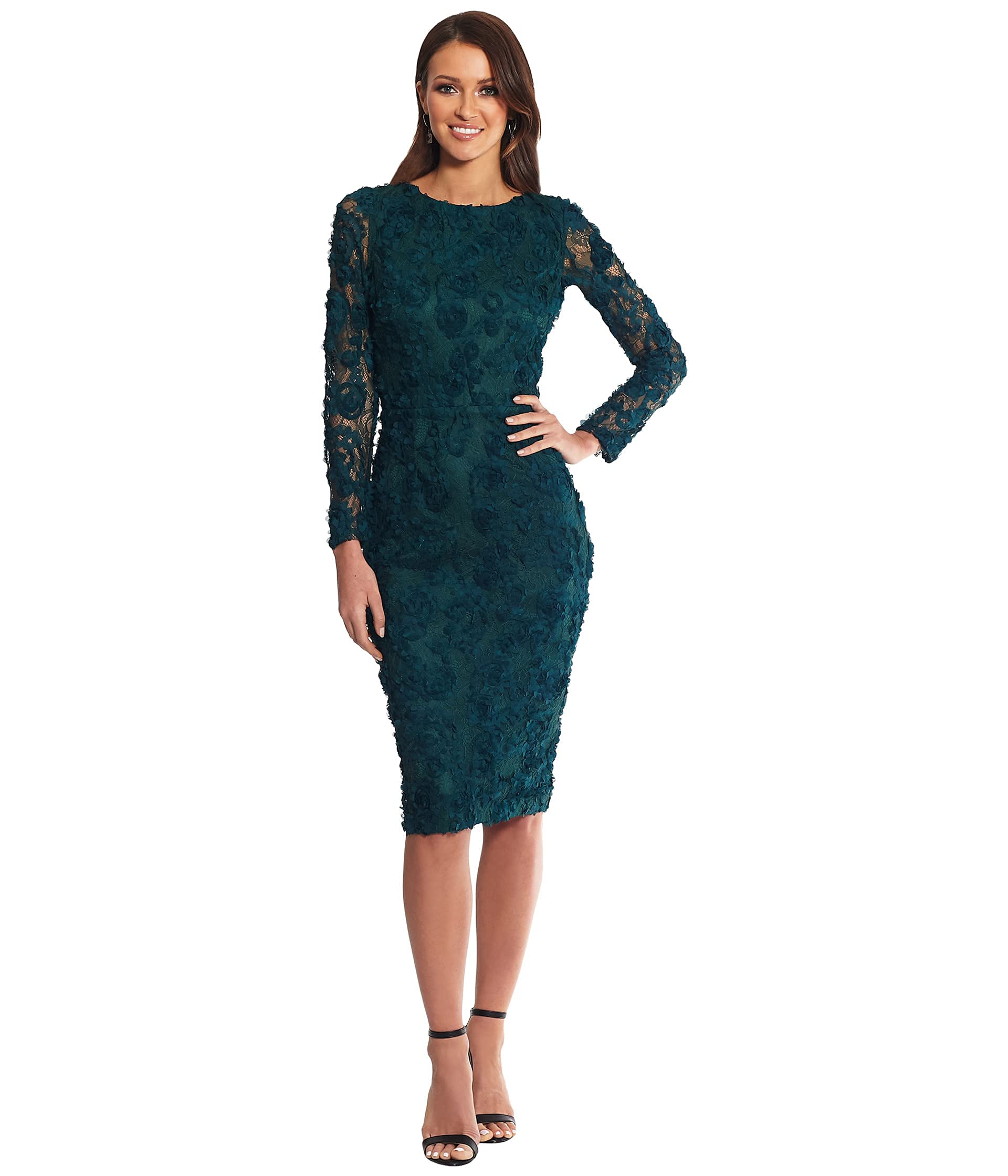 XscapeWomen's Long Sleeve Raised Floral Lace Midi Length Dress (Reg and Petite)