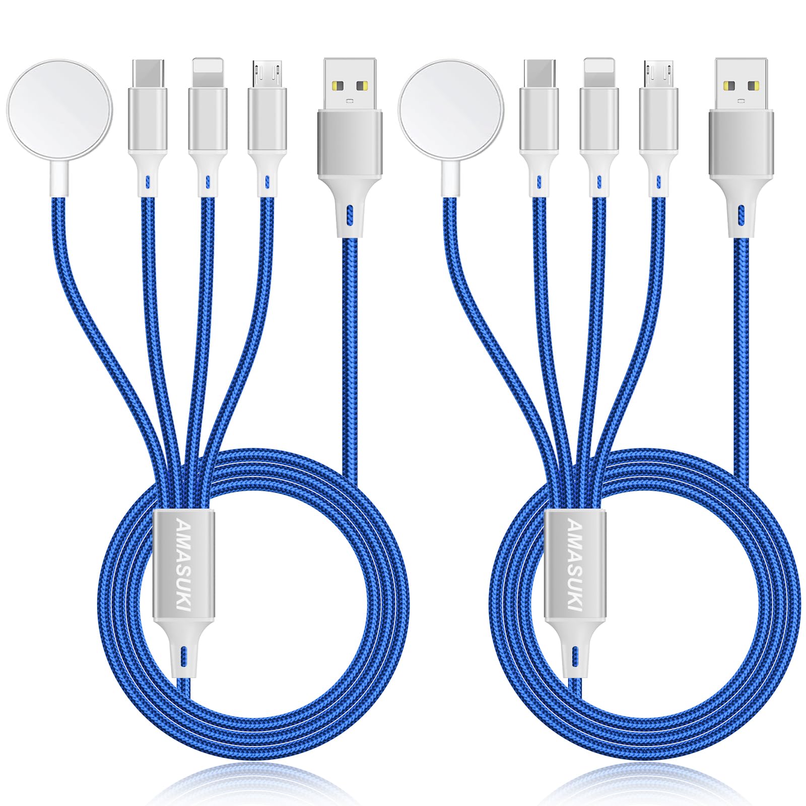 2Pack Multi Charging Cable for Apple Watch Charger 4 in 1 Travel Essentials RV Camping Essentials USB C/L/Micro Compatible with iWatch Series 11-1/iPhone 17/16/15/Android Airplane Gadgets-4FT/Blue