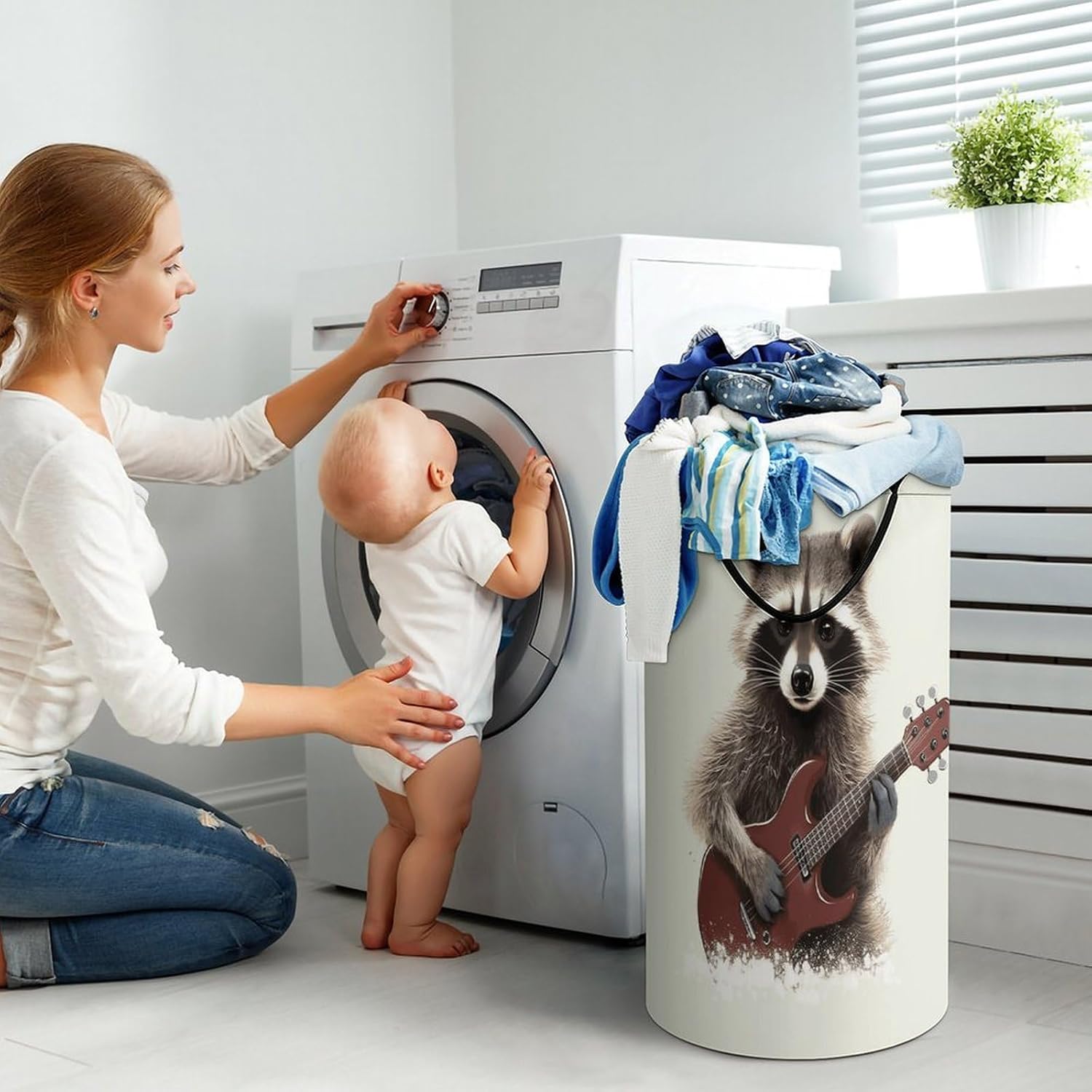Funny Raccoon Laundry Hamper with Handles Waterproof Collapsible Laundry Basket Large Lightweight Round Dirty Clothes Hamper for Home Dorm Bathroom Decor
