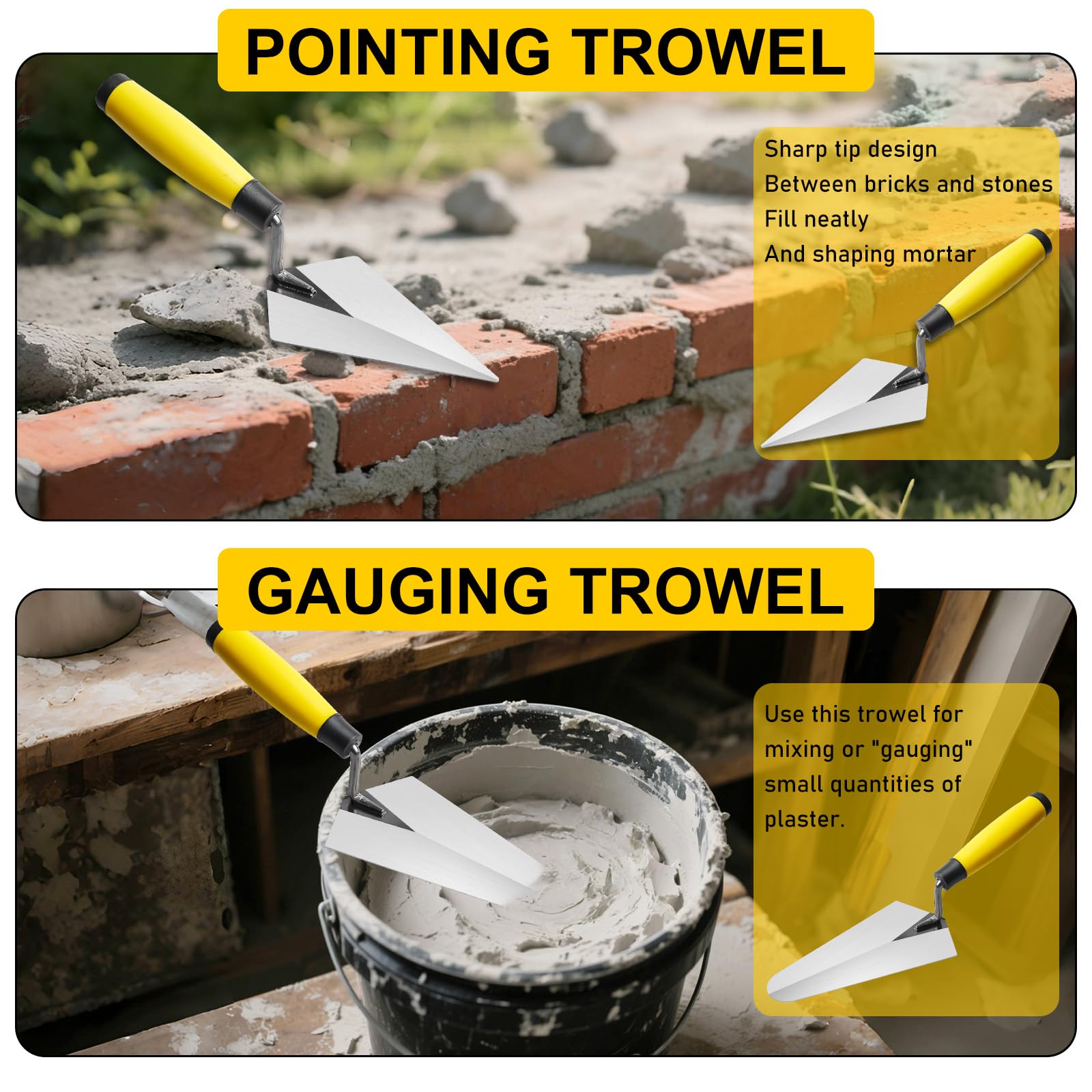 Truelle 5 pièces, truelles de maçon en acier inoxydable, truelle Pointue, truelle de jauge avec manche en caoutchouc, outil de stucage pour masses de plâtre, béton