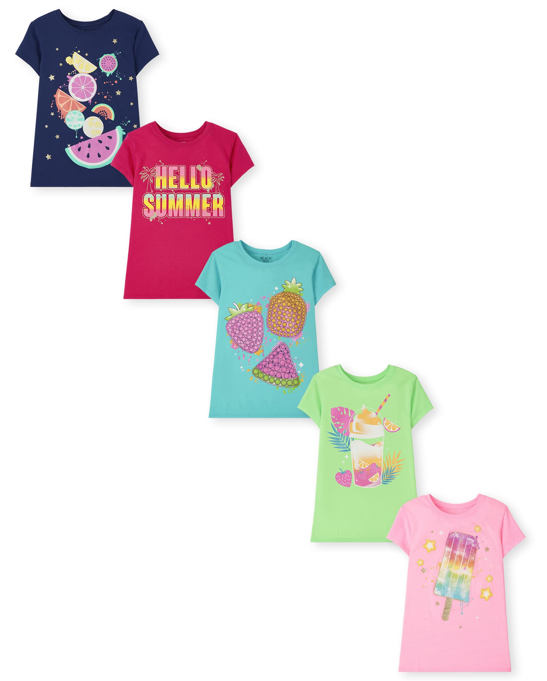 The Children's Place Girls' Trends,Icons Short Sleeve Graphic T-Shirts,5 Pack