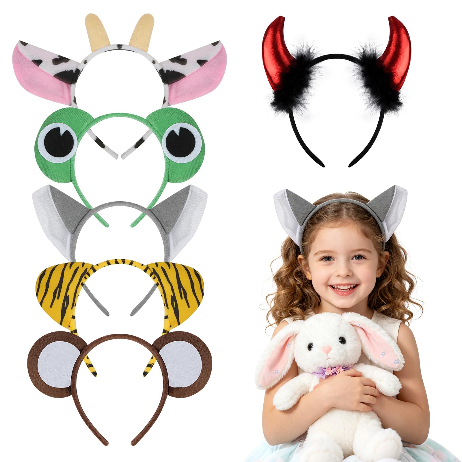 AYBUY 6 Pcs Multicolour Animal Ear Headbands, Cute & Fun Cartoon Animal Themed Headbands for Kids & Adults, Perfect for Parties, Halloween, Carnival & Gifting, Style B โ image 1