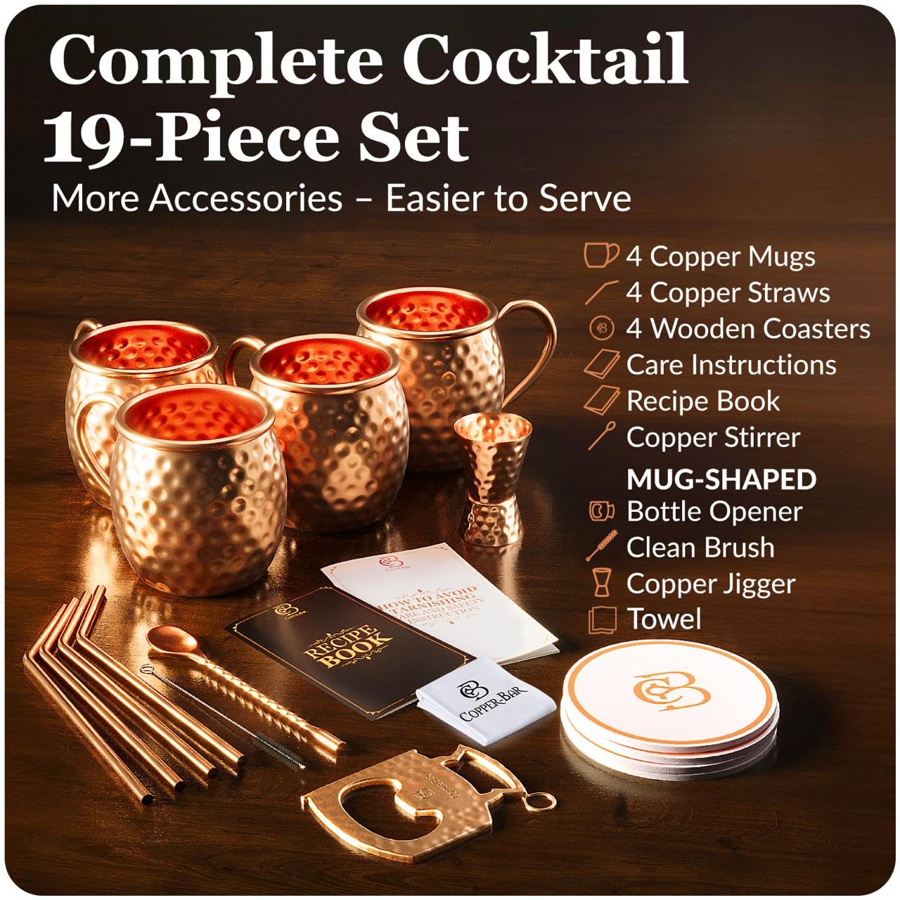 Copper-Bar - Set di 4-100% Tazze in rame massiccio massiccio di Moscow Mule, set regalo da 453,6 ml, con cannucce di rame, agitatore di rame e jigger di rame
