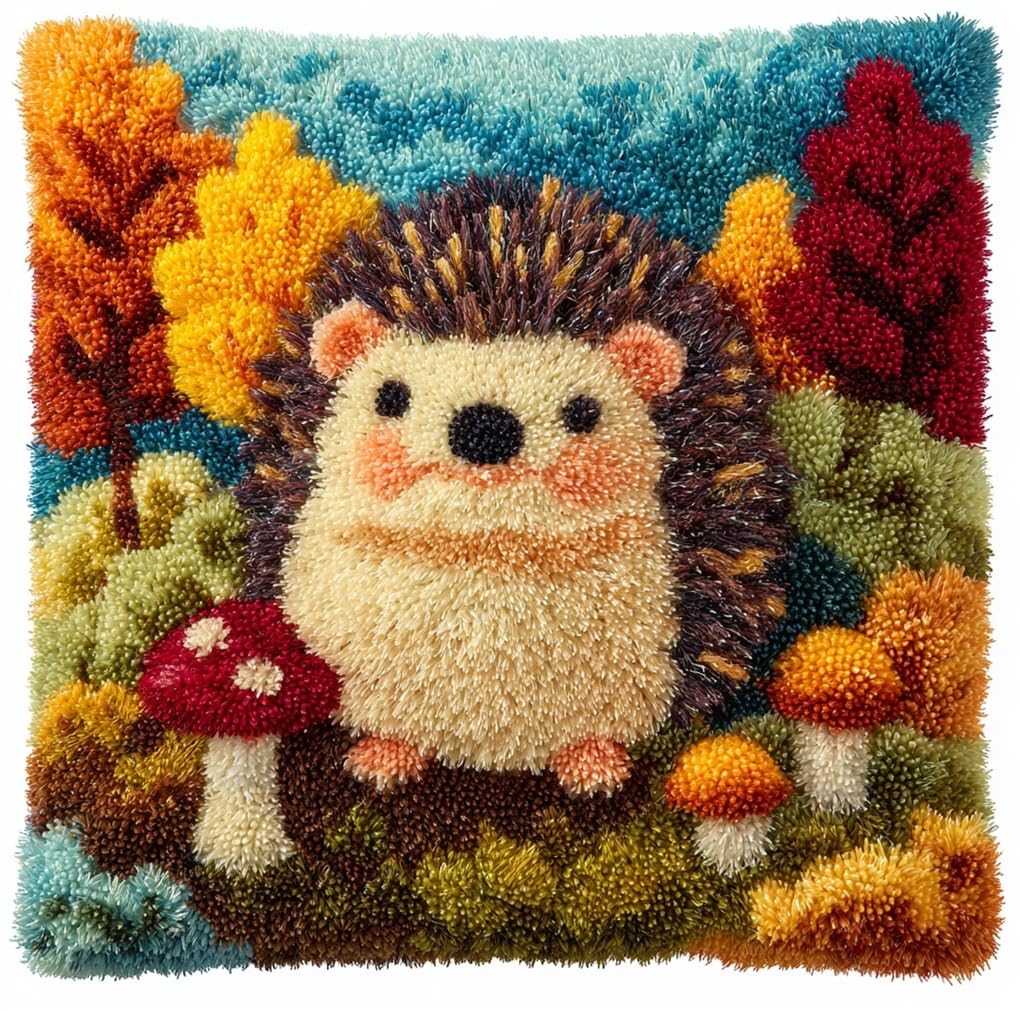Taxpy Latch Hook Pillow Kits for Adults Beginners Hedgehog 17X17 in DIY Pre-Printed Latch Hook Rug Carpet Cushion Kits Cross-Stitch Embroidery Cushion Embroidered Pillow for Home Sofa Decoration