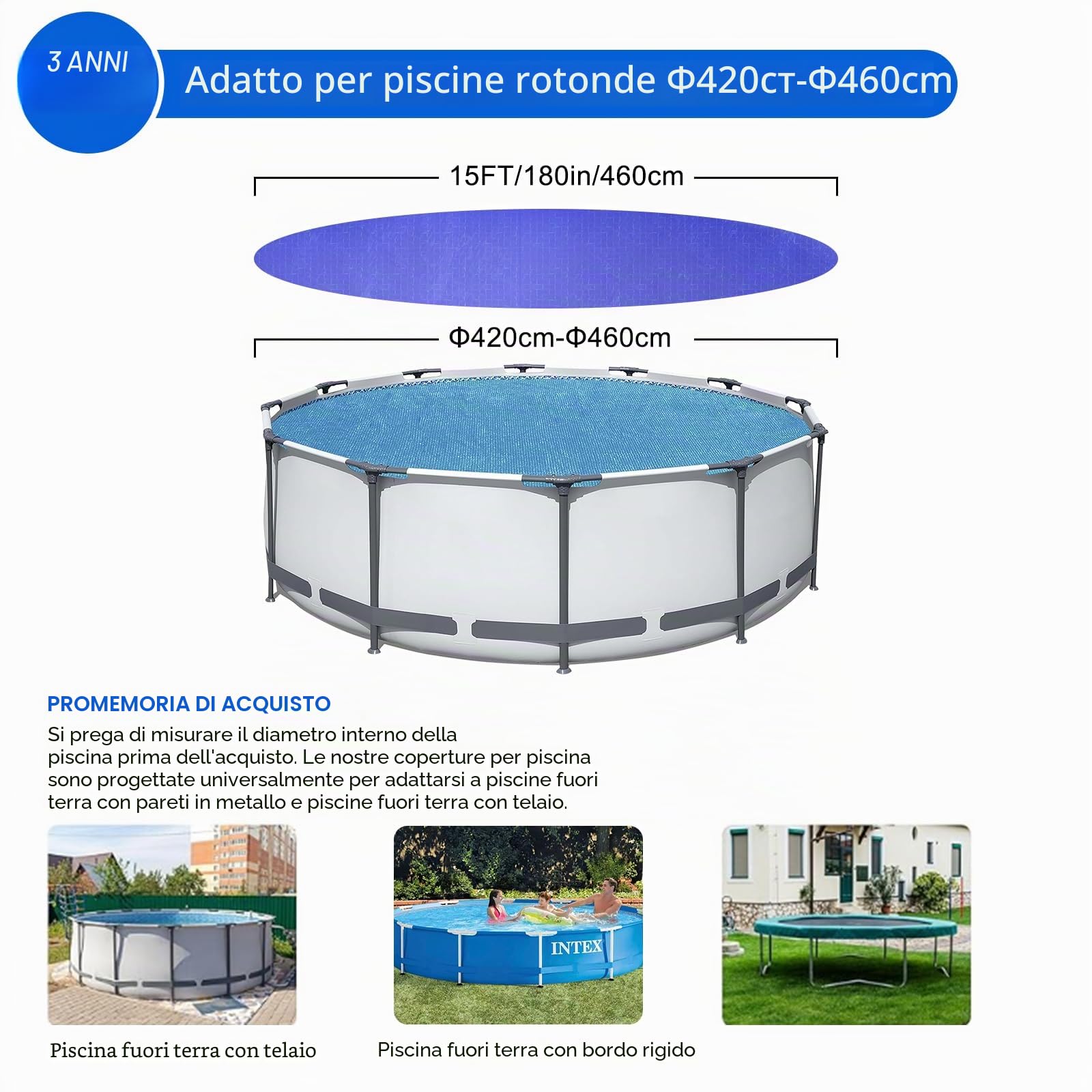 Telo di copertura per piscina rotondo 460 cm (per Ø 420-460 cm), 2 in 1, resistente ai raggi UV, per l'estate e l'inverno, rotondo, per piscina in metallo e prisma, colore blu