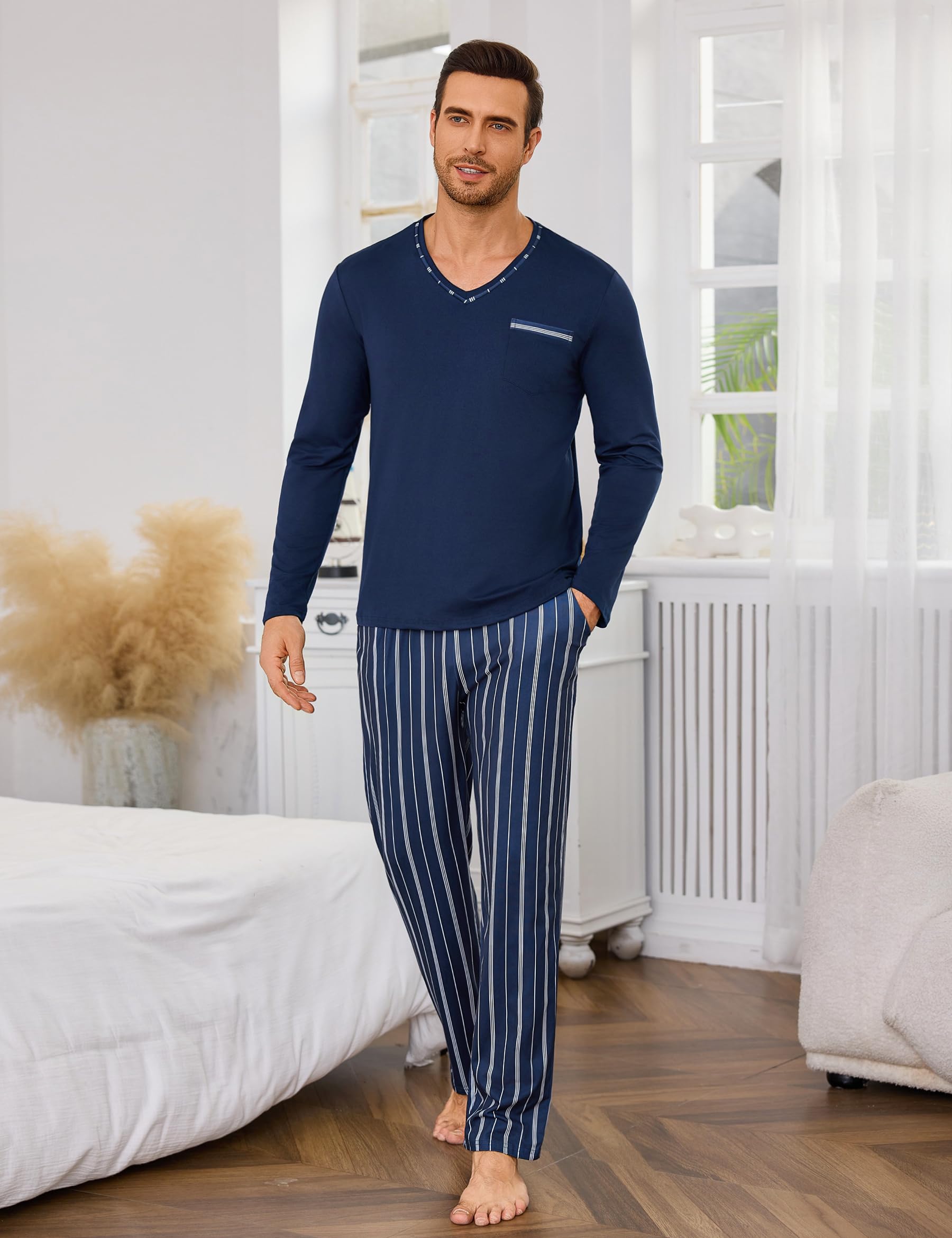 Demegimi Pijamas para Hombre Invierno de Manga Larga Algodón Conjunto de Cuello Redondo Ropa de Dormir 2 Pieza