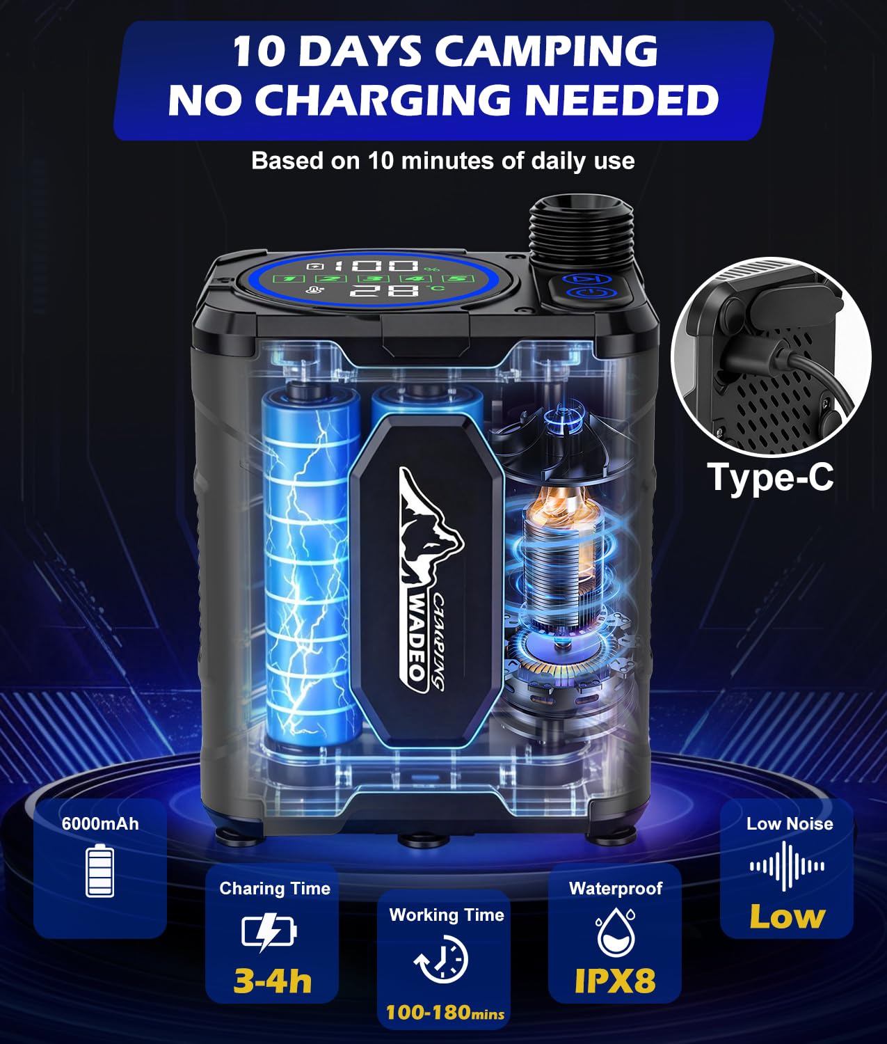 WADEO Doccia portatile aggiornata 2026 per campeggio con riscaldatore, doccia da campeggio ricaricabile con display a LED intelligente, secchio pieghevole da 5 litri, pressione a 5 velocità, doccia