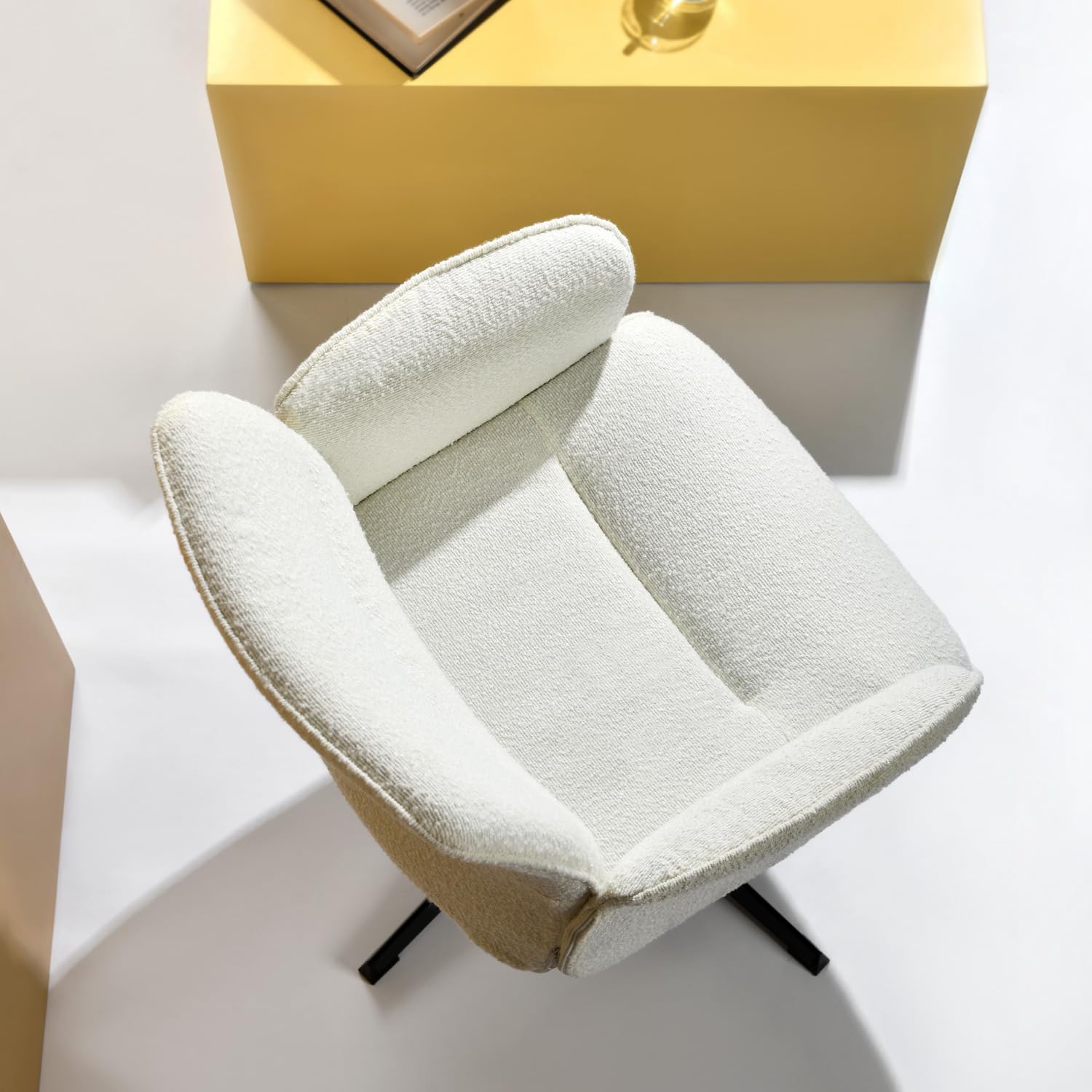 MEUBLE Cosy Silla de Tocador Sillón de Maquillaje Asiento Acolchado Giratorio 360° Altura Ajustable con Reposabrazos Boucle Sin Ruedas Patas Cruzadas para Dormitorio Blanco