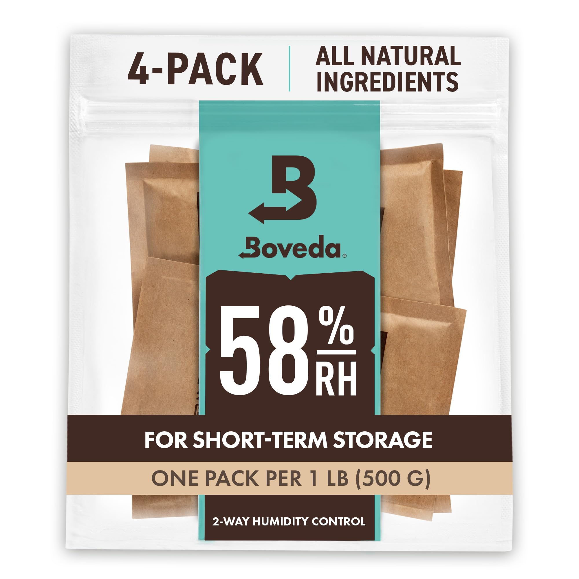 Boveda 58% Two-Way Humidity Control Packs For Storing 1 lb – Size 67 – 4 Pack – Moisture Absorbers for Storage Containers – Humidifier Packs – Hydration Packets in Resealable Bag