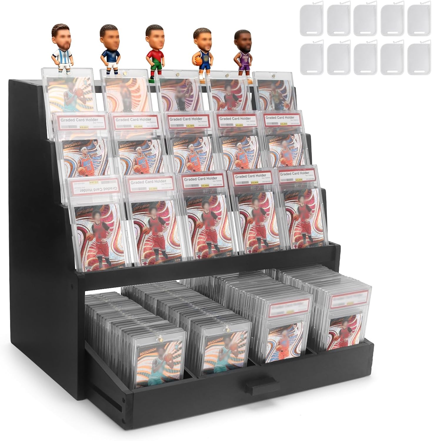3 Tier Card Stand, Drawer for Collectors to Graded Cards Display on Desk | Wooden PSA Slab Display Stand, Display for 15 Card, Storage for 120 with 10 PCS Card Stoppers, Modern Black Design