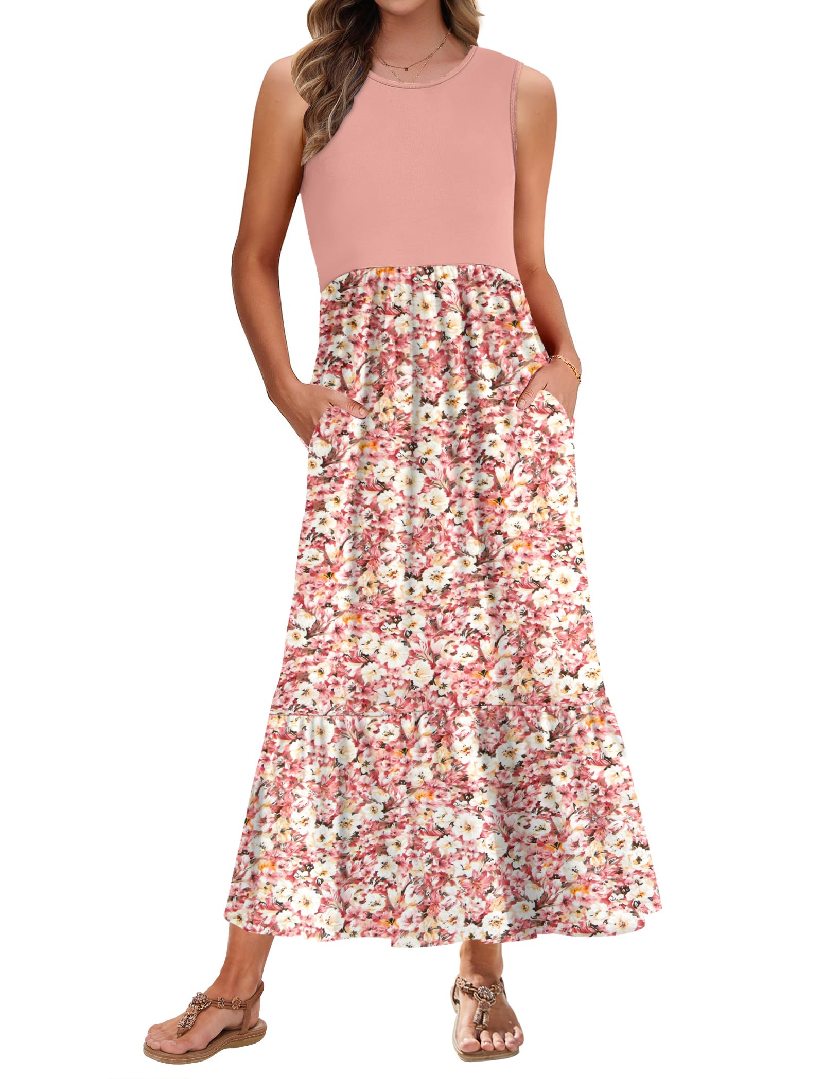 PLMOKEN Sommerkleider Damen Strandkleid Maxikleid - Lang Freizeitkleid Ärmellos leicht und luftig Leicht und Luftig Rundhals Geblümtes Tank Top Kleid