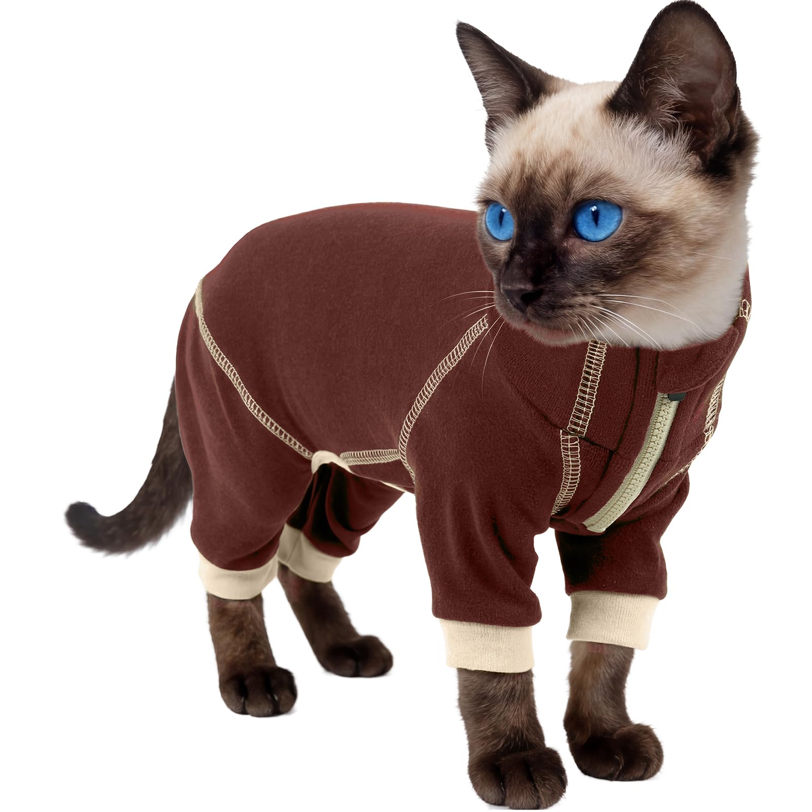 Sphynx Cat Clothes for Cats Only, Prevents Licking Wounds After Surgery, Lightweight Cat Hair Sticky Shirt Prevent Hair Loss Shedding, Soft Pajamas(Brown, XS)