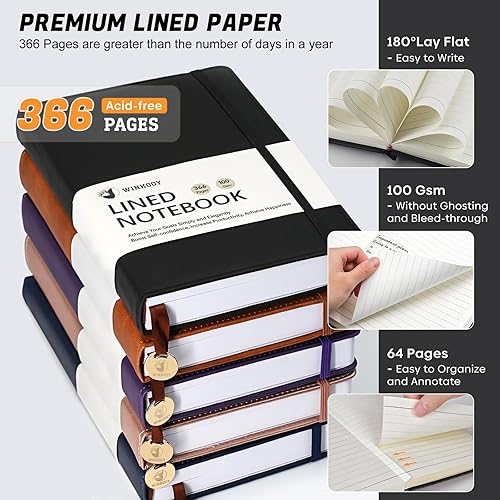 Miniatura 2 de Winkooy Cuaderno rayado, 366 páginas, diarios de tapa dura de cuero para escribir grueso A5 cuaderno clásico con lazo para bolígrafo, diario de 3.53