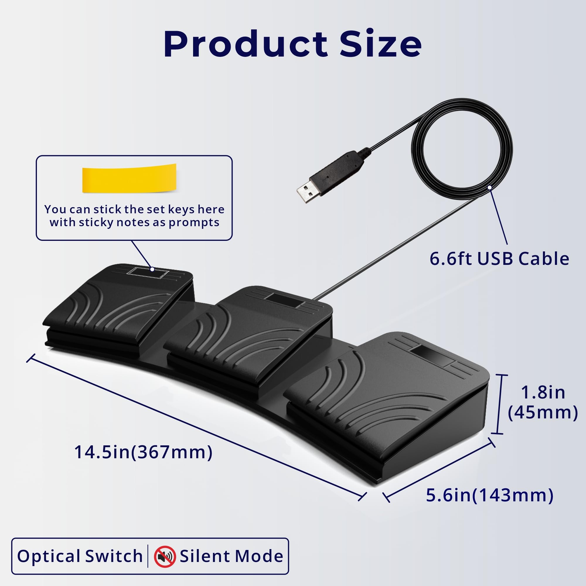 USB Triple Foot Pedal - 3-Key Silent Optical Programmable Macro Keyboard for PC Mac Linux - HID Foot Switch for Zoom Mute, Discord PTT, Video Editing & Transcription (Onboard Memory) - 2