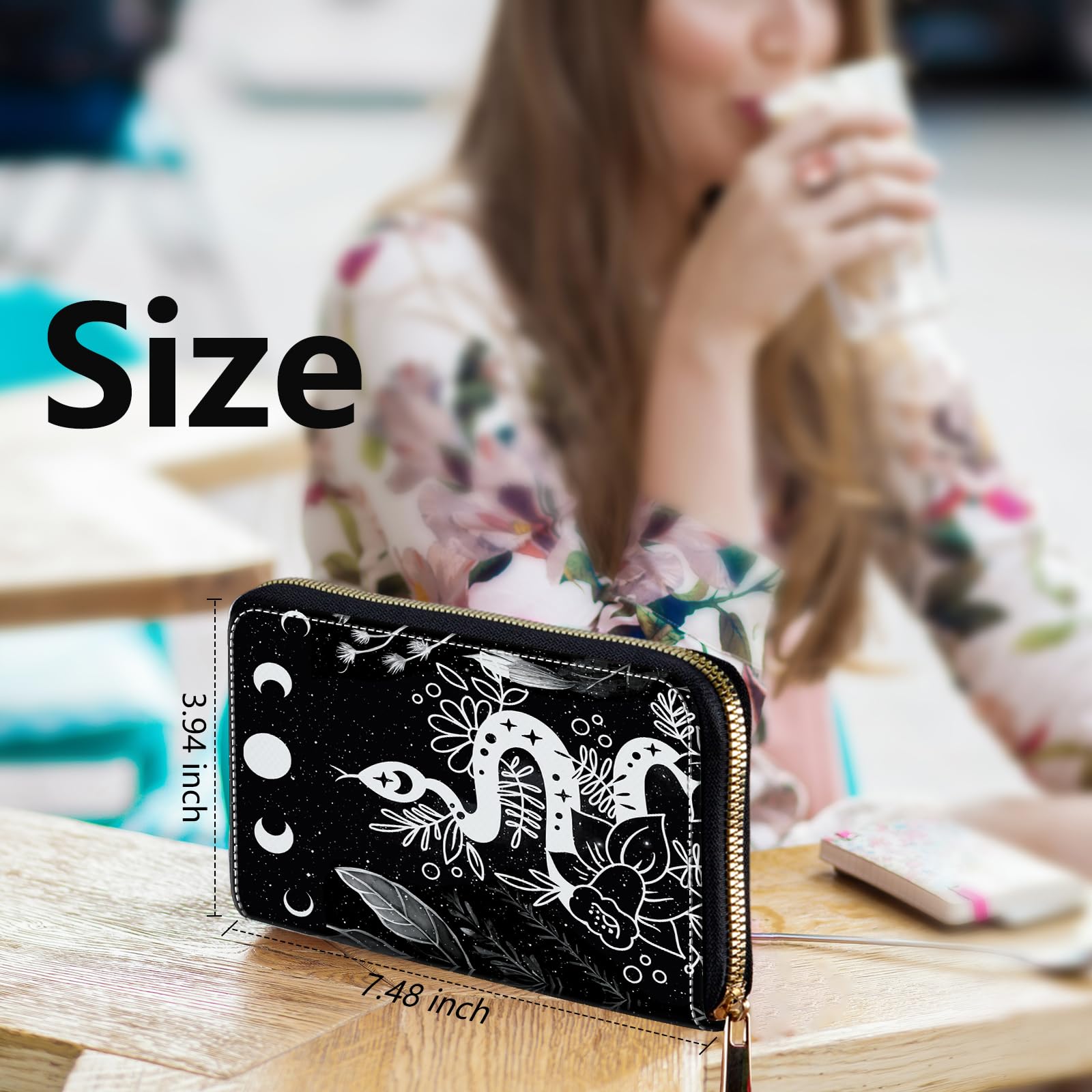 Womens Wristlet Wallets, Ladies Wallet Clutch Purse with Removable Wrist Strap Zip Around Large Capacity Credit Card Holder Cellphone Long Purse Travel Wristlet Bags, Witchy Snake Trippy Moon