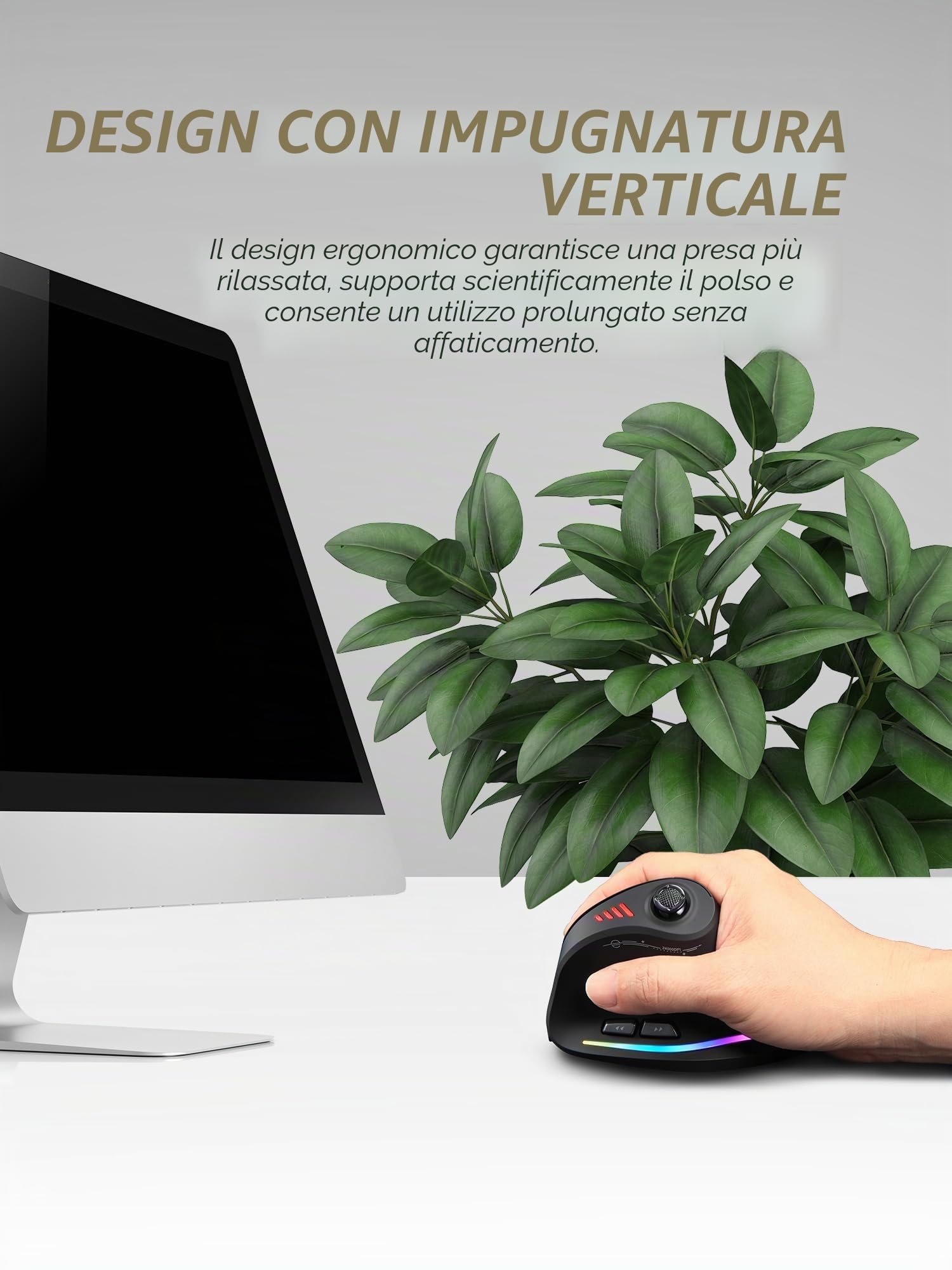TKMARS Mouse Verticale Wireless, Mouse Ergonomico Bluetooth Da Ufficio, Trackball RGB Ergonomico Programmabile Wireless per Dispositivi Multipli 2.4G