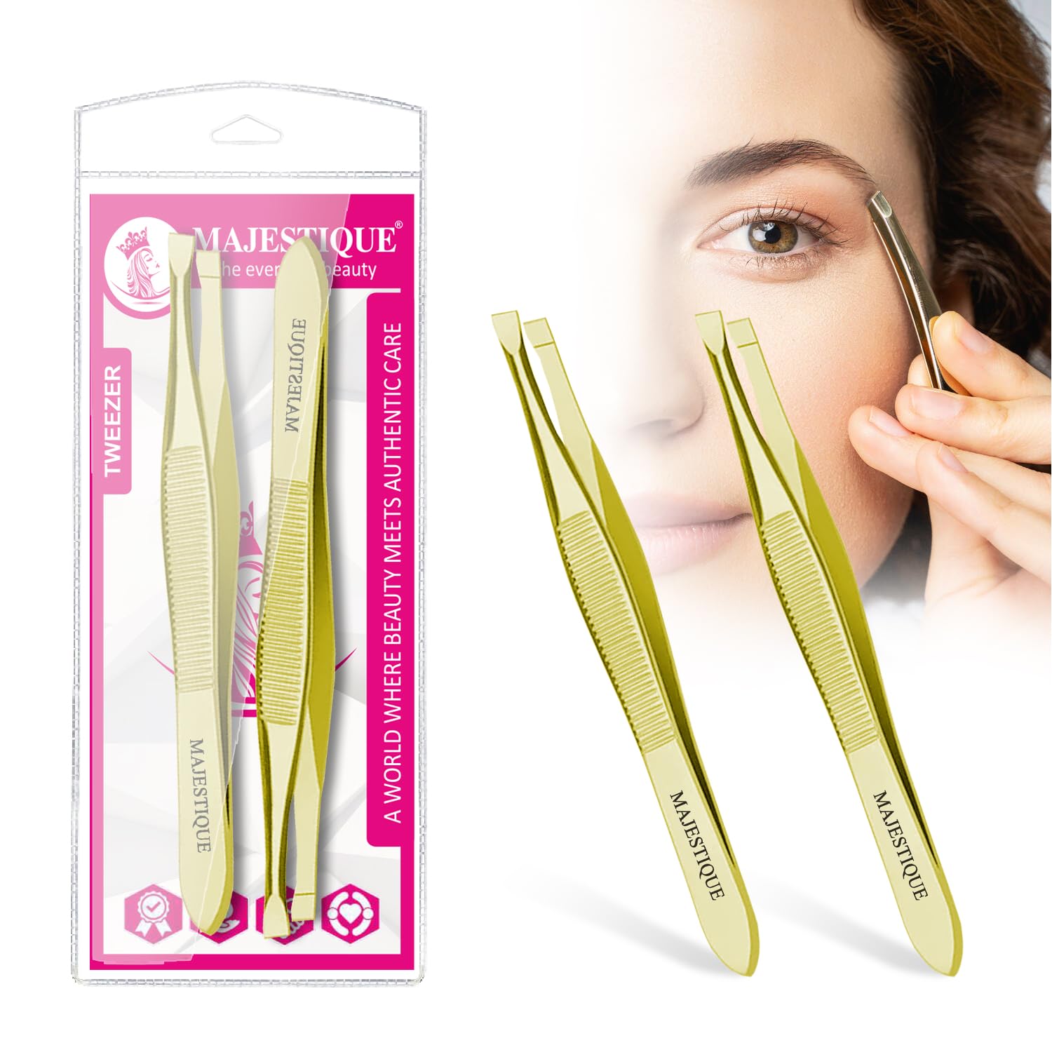 Majestique Tweezers for Eyebrows Slant Tip Professional Stainless Steel Eyebrow Tweezers for Women & Men - Great Precision on Brow, Facial Hair & Ingrown Hair (Gold/Pack of 2)-image-49