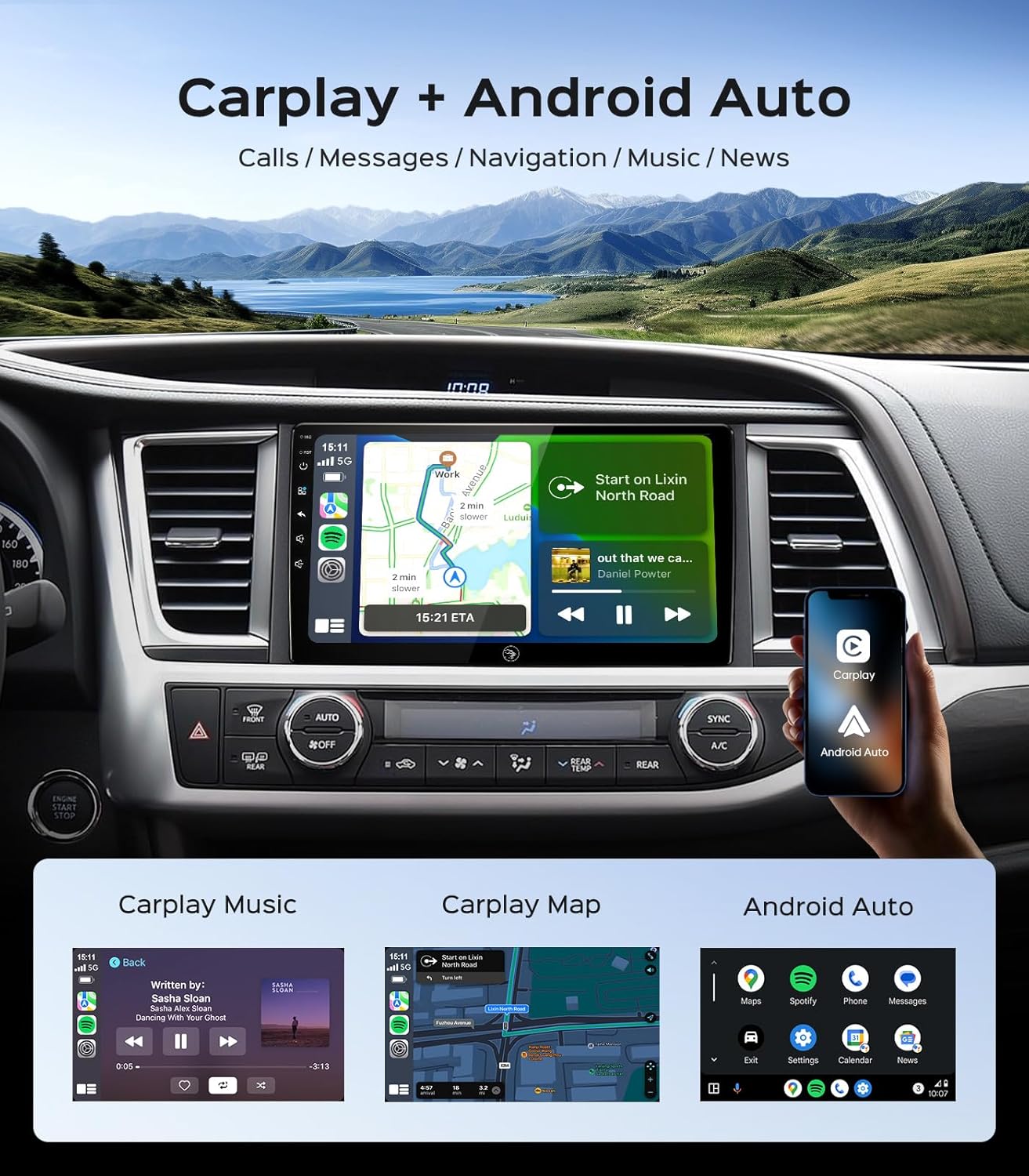 10.2'' Car Radio Stereo for Toyota Highlander 2014 2015 2016 2017 2018 2019 CarPlay/Android Auto/5G WiFi/IPS HD Touch Screen/GPS FM/SWC/Bluetooth/1080P Backup Camera