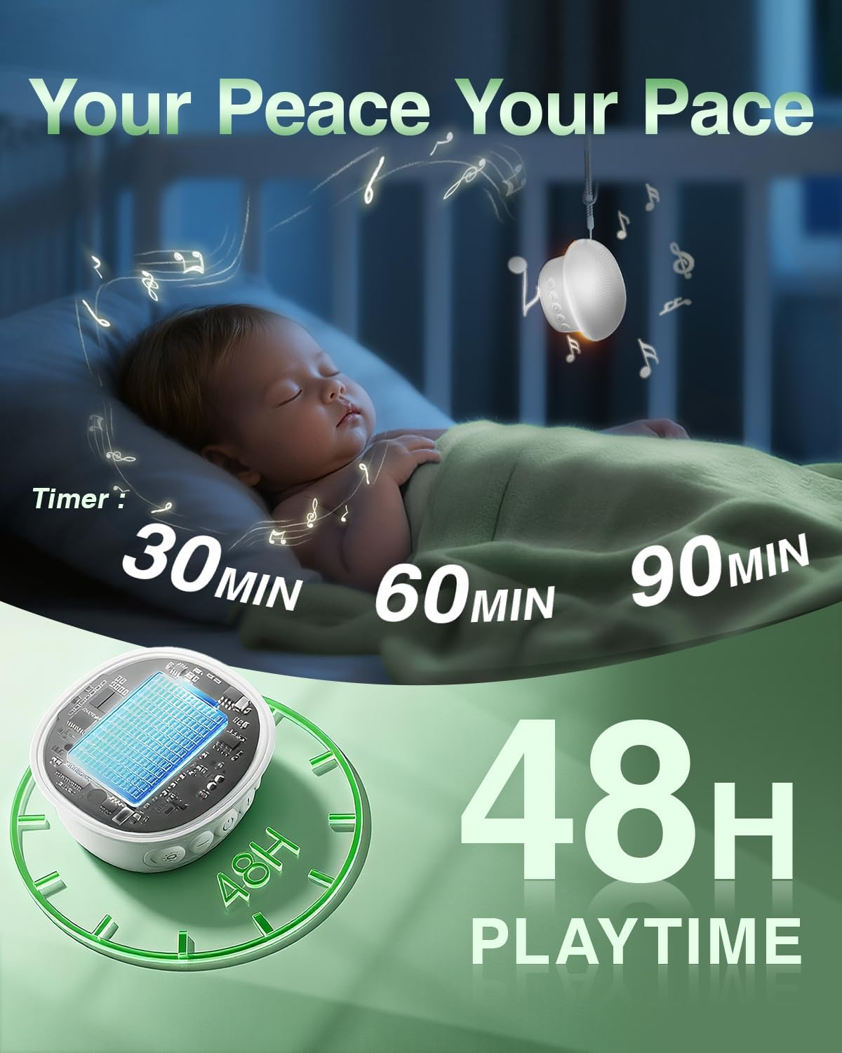 Portable White Noise Sound Machine for Baby Kids Adults, 20 Natural Soothing Sounds, 48H Battery Playback, 30 Volume Levels, 3 Timers, Memory Function & Soft Night Light for Sleep, Home, Travel, Mini - Image 3