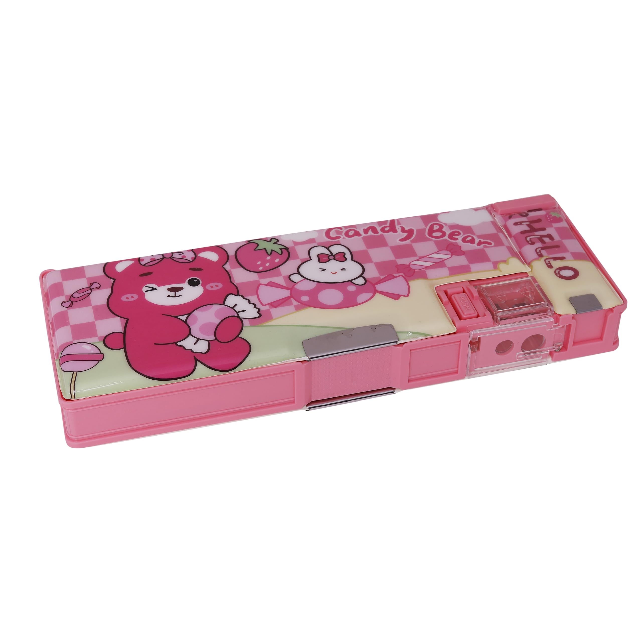 Bear Cartoon Pencil/Pen Case with Sharpener – Magnetic Stopper Bear Pencil Box for Kids, Stationary Organizer Box, Pencil Box for Girls, Kids, Boys, Return Gift for Children (Dark pink)