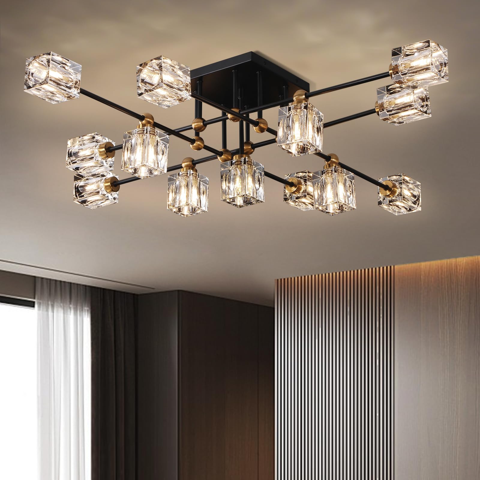 Photo 1 of KUSSCO 13-Light Crystal Ceiling Light Fixture Semi Flush Mount Ceiling Light Fixture Modern Black and Gold Sputnik Chandeliers for Dining Room Living Room Kitchen Island Hallway Bedroom