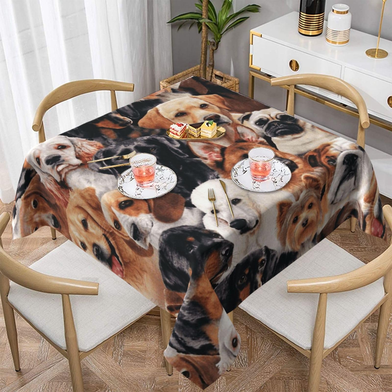 DCEHGEW Many dogs Prints Square Tablecloth 137x137 CM, Waterproof Fabric Table Cloth for Dining Table, Farmhouse Table Cover for Kitchen Dining Tabletop Decoration