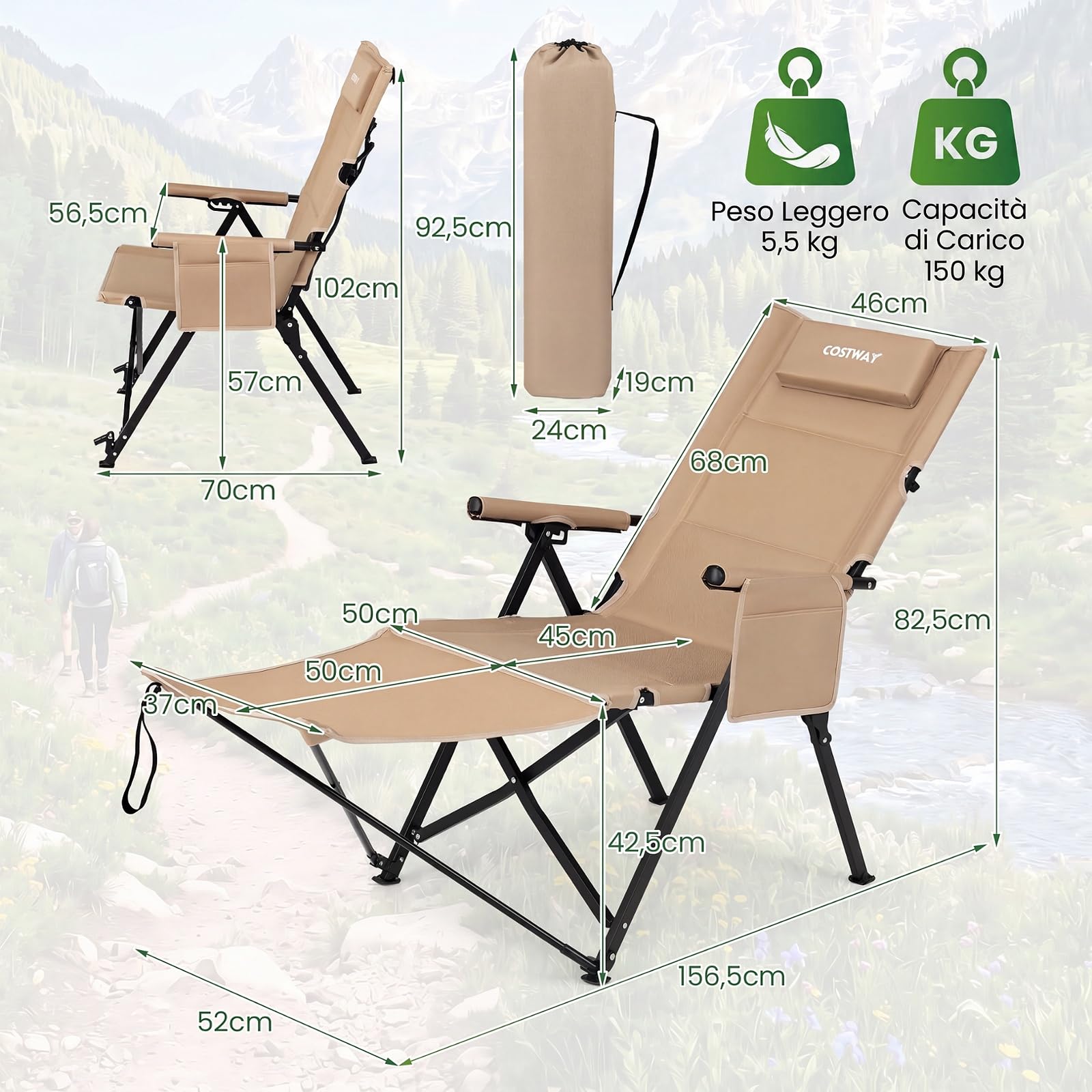 COSTWAY Sedia da Campeggio Pieghevole, Sedia a Sdraio con Poggiapiedi, Schienale Regolabile, Poggiatesta e Tasca Laterale, Portata 150 kg, Sdraio da Esrerno per Giardino e Spiaggia (Kaki)