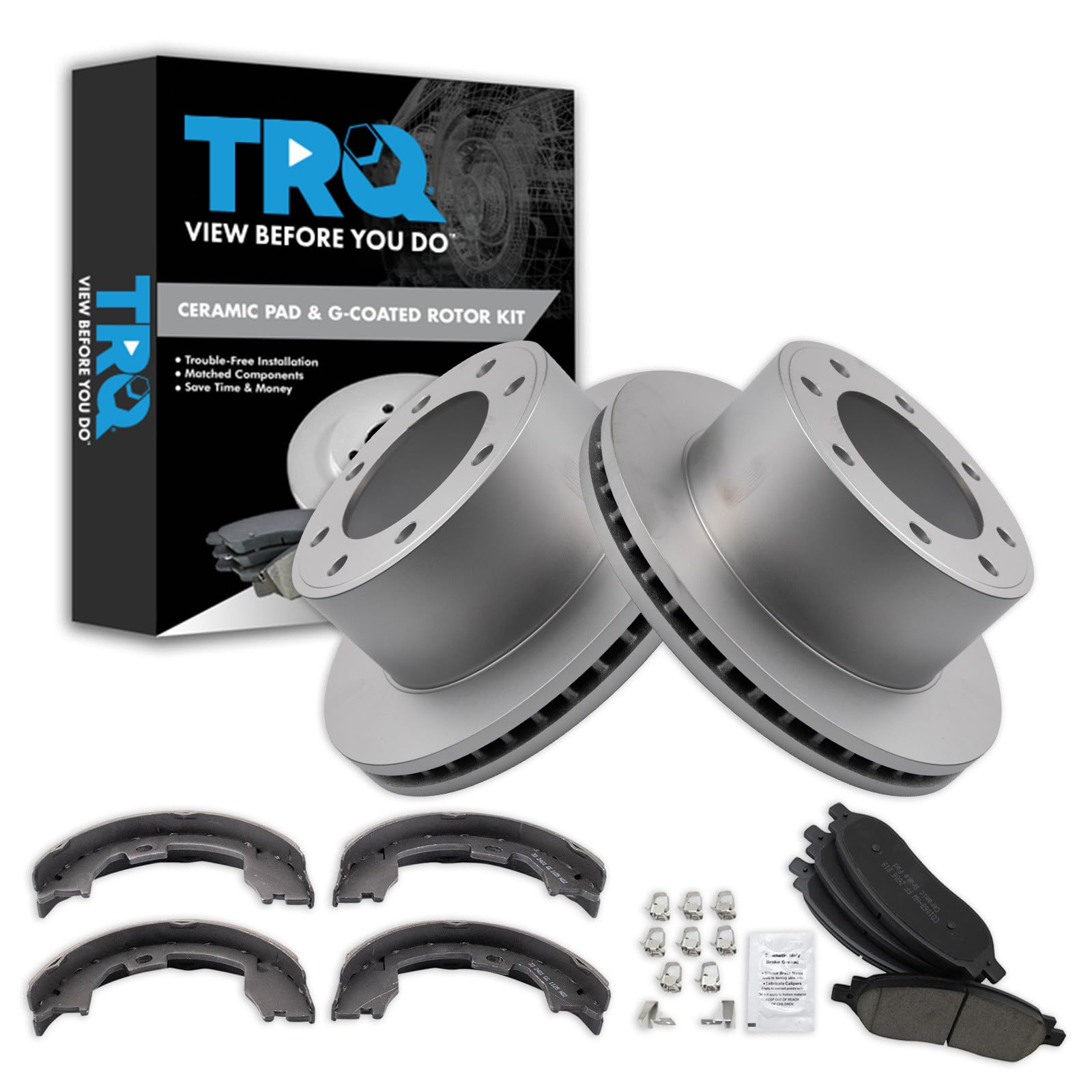 TRQ Rear Brake Pad &amp; Rotor Kit Parking Brake Shoe Set Ceramic Premium G-Coated Compatible with 2005-2007 Ford F-250 Super Duty F-350 Super Duty