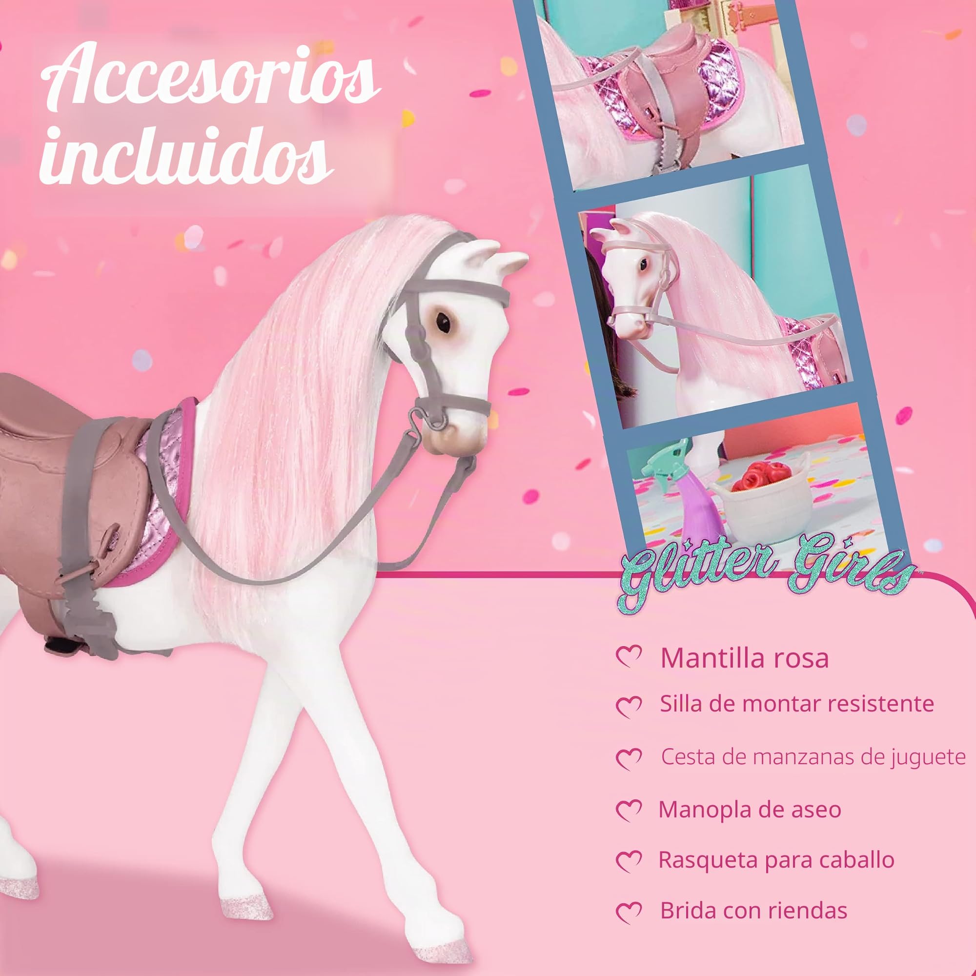 Glitter Girls - Calzas - Caballo Noruego de 36 cm - Caballo con Crin y Cola Rosas + Accesorios de golosinas - Cepillo Ecuestre y rascador para Caballos - Accesorios para muñecas de 36 cm - 3 años +