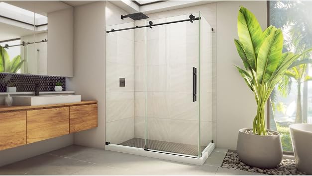DreamLine Enigma-X 34 1/2 inch D x 60 3/8 inch W x 76 inch H Frameless Sliding Shower Enclosure in Matte Black