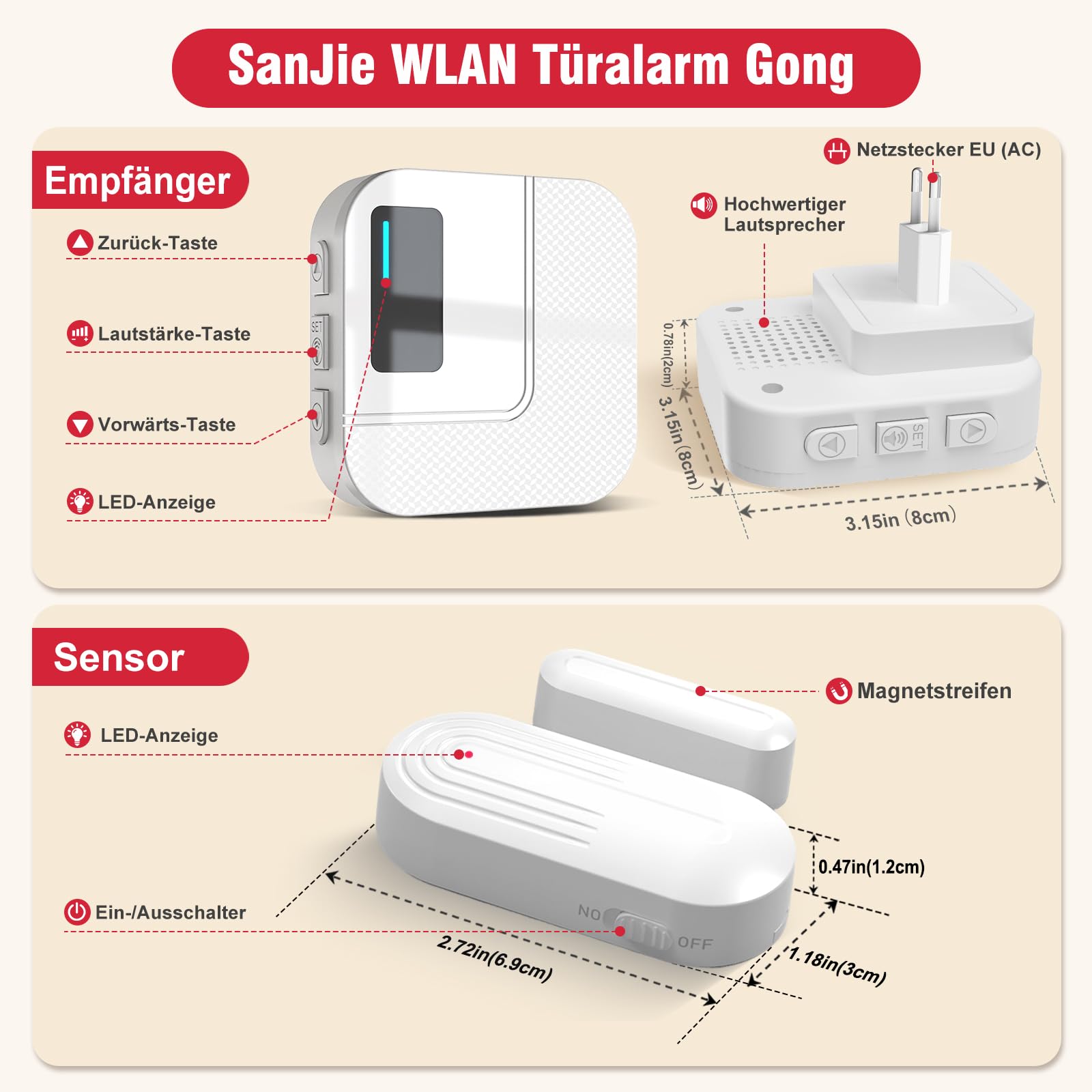 SanJie Alarma de puerta WiFi con notificación de aplicación, sensor de puerta y ventana con receptor, sensor de puerta de 110 dB, alarma para niños y mayores, sensor de puerta WiFi para hogar, oficina