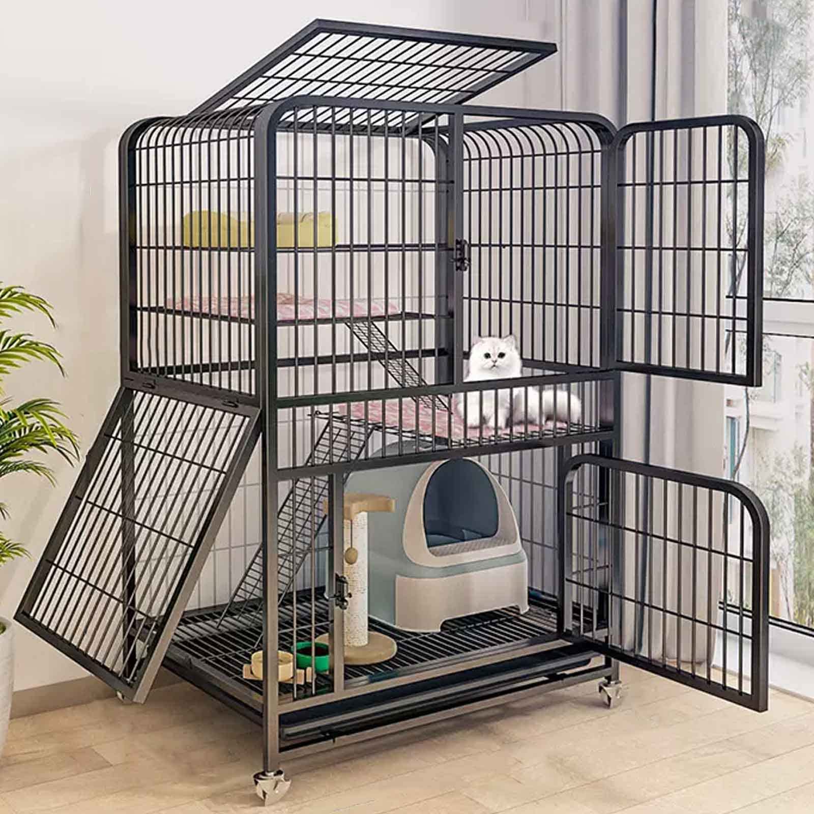Jaulas para Gatos Jaula Grande para Mascotas Parque para Gatos Extra Grande Desmontable, Corrales para Gatos con Bandeja extraíble y Rueda Universal/85 * 60 * 148 cm