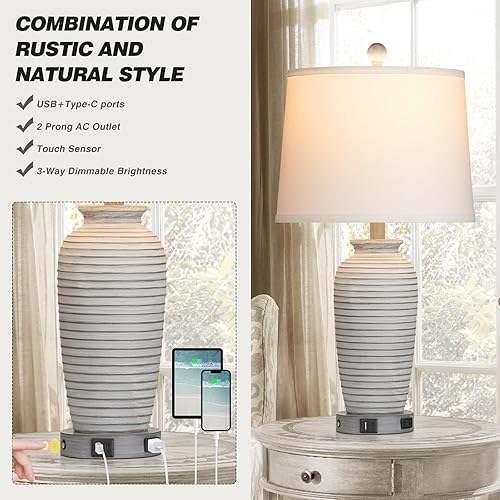 Miniatura 4 de Juego de 2 lámparas de mesa con tarro de granja de 25 pulgadas, control táctil de 3 vías, lámparas de noche rústicas con puertos USB A+C y salida de