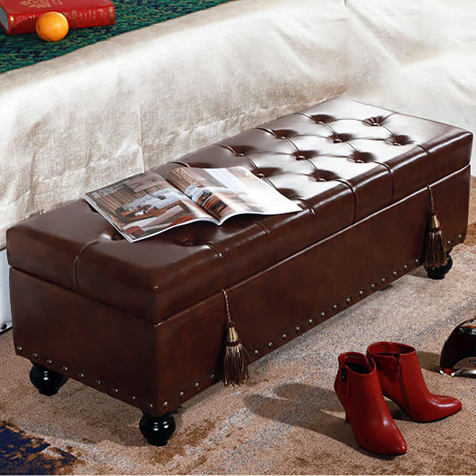 Pouf moderne en similicuir marron avec rangement 60x40x42 cm