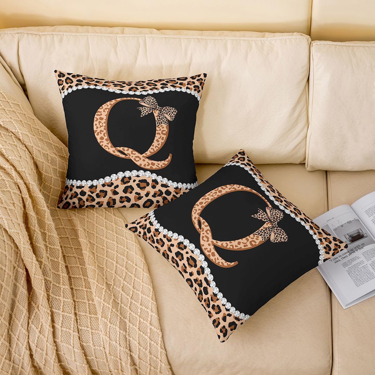 Loussiesd Juego de 4 fundas de cojín con lazo de guepardo marrón de 50 x 50 cm, fundas de almohada decorativas con letra inicial Q, fundas de cojín para sofá, cama, estampado de leopardo, decoración